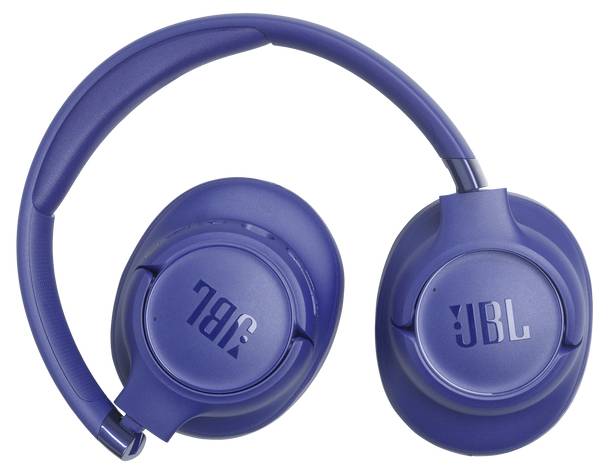 Blaue kabellose JBL-Kopfhörer mit On-Ear-Design, gezeigt aus einer Draufsicht, mit dem JBL-Logo auf jedem Ohrpolster.