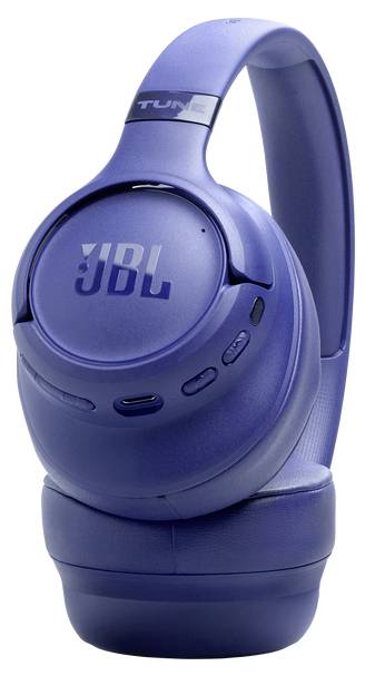 Blaue JBL kabellose Kopfhörer mit schlankem Design, die Steuerungstasten auf der rechten Ohrmuschel zeigen.