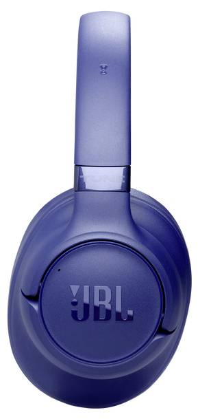 Blaue JBL-Kopfhörer mit Ohrmuscheln, die die Seite mit dem JBL-Logo zeigen.