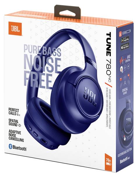 Verpackung für JBL Tune 780NC Kopfhörer in Blau. Funktionen umfassen „Pure Bass, Noise Free