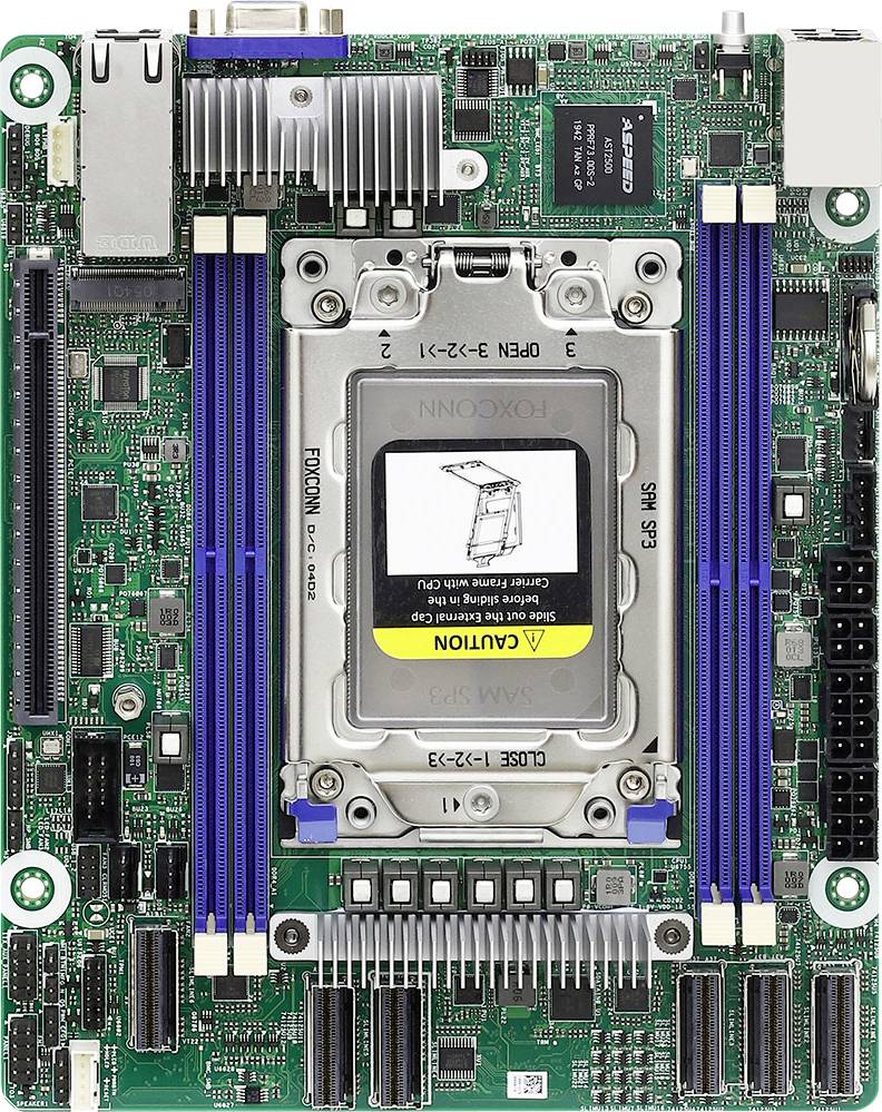 Eine Computermotherboard mit einem Sockel für einen Prozessor, mehreren Steckplätzen für Arbeitsspeicher und verschiedenen Anschlüssen und Anschlüssen.