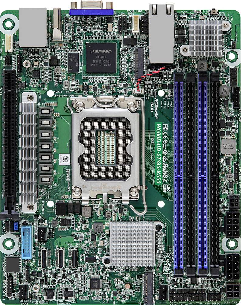 Eine Computermotherboard, die einen CPU-Sockel, RAM-Steckplätze, verschiedene Anschlüsse und Verbinder zeigt. Schaltkreispfade und Komponenten sind deutlich sichtbar.