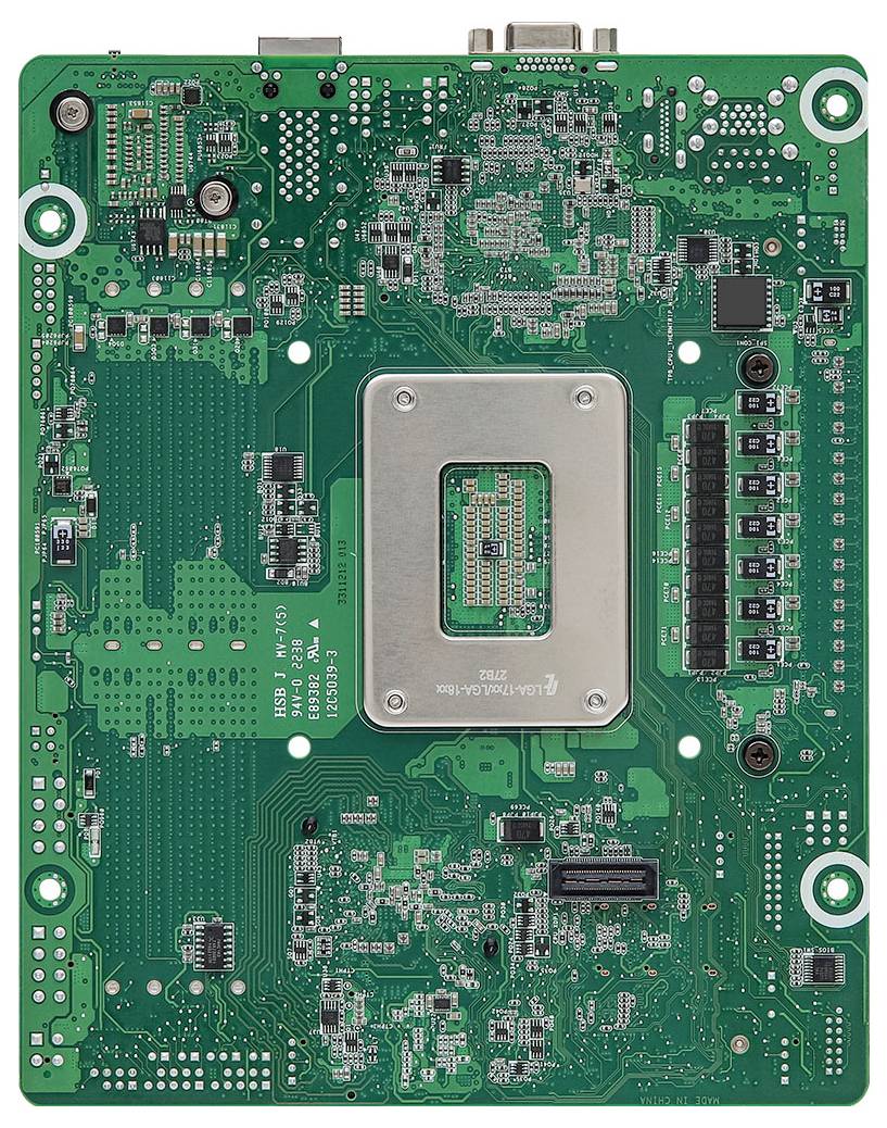 Eine grüne Leiterplatte mit verschiedenen elektronischen Komponenten, Anschlüssen und einem zentralen Metallrechteck, wahrscheinlich ein CPU-Sockel.