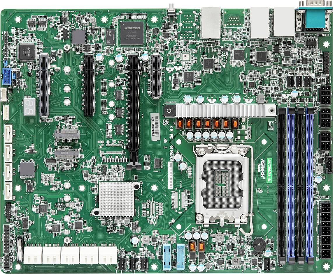 Eine grüne Computermotherboard mit verschiedenen elektronischen Komponenten, Steckplätzen und Anschlüssen, einschließlich eines zentralen CPU-Sockels und RAM-Steckplätzen.