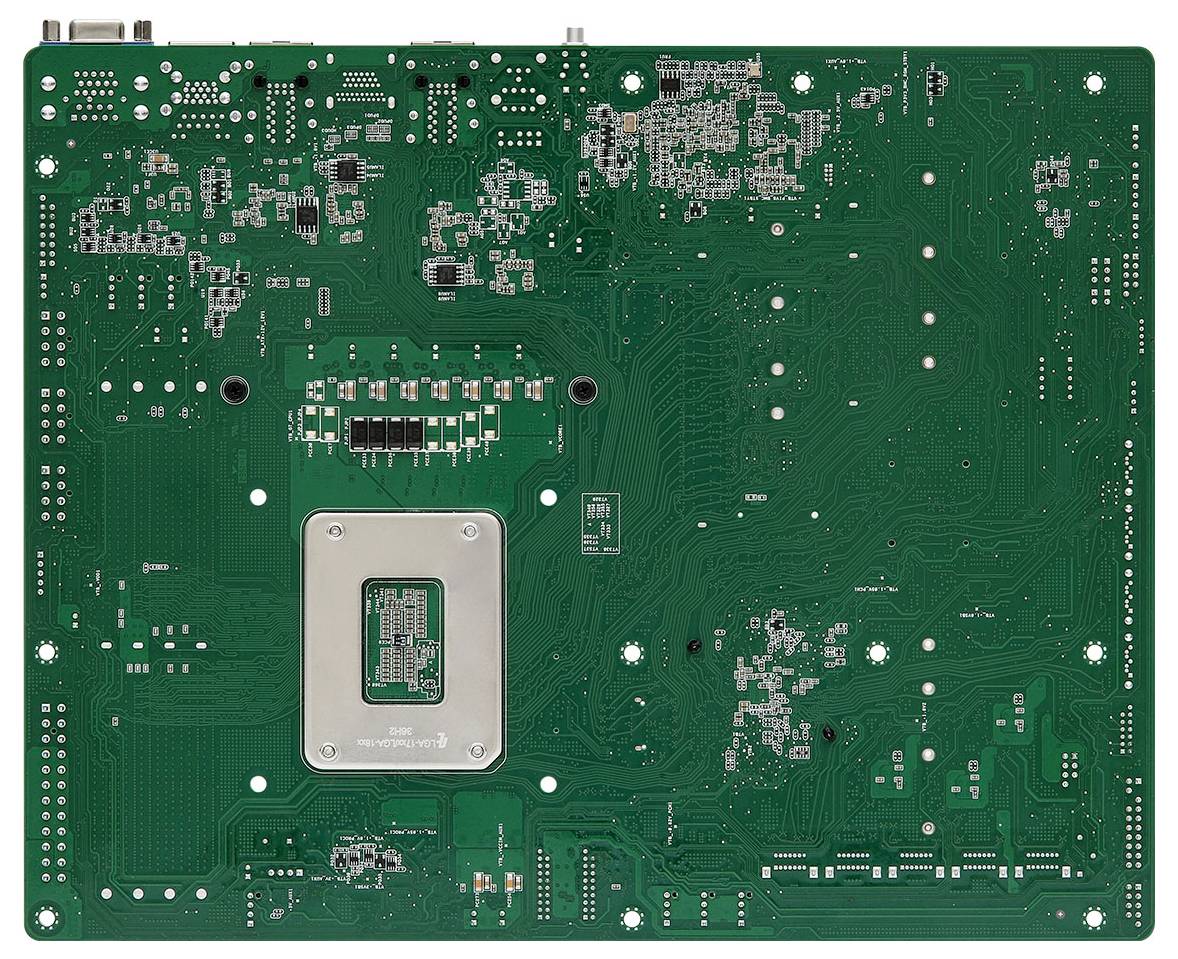 Eine grüne Leiterplatte mit verschiedenen elektronischen Komponenten und Anschlüssen. Die Platine weist komplexe Leiterbahnen und Lötstellen auf.