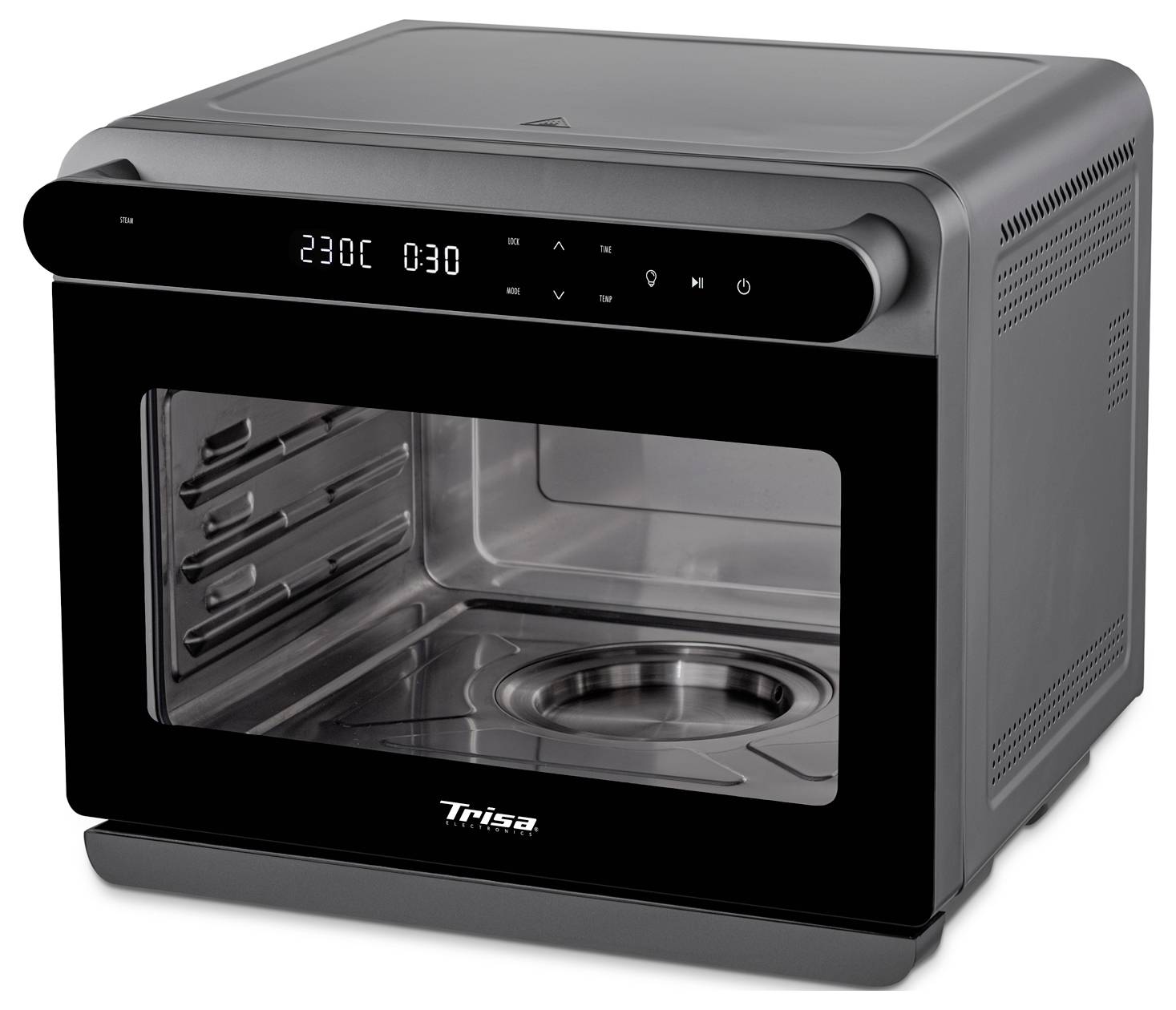 Trisa-Backofen in Schwarz mit Arbeitsplattenformat, ausgestattet mit digitalem Display, das eine Temperatur von 230°C und einen 30-Minuten-Timer anzeigt, mit transparenter Frontscheibe.