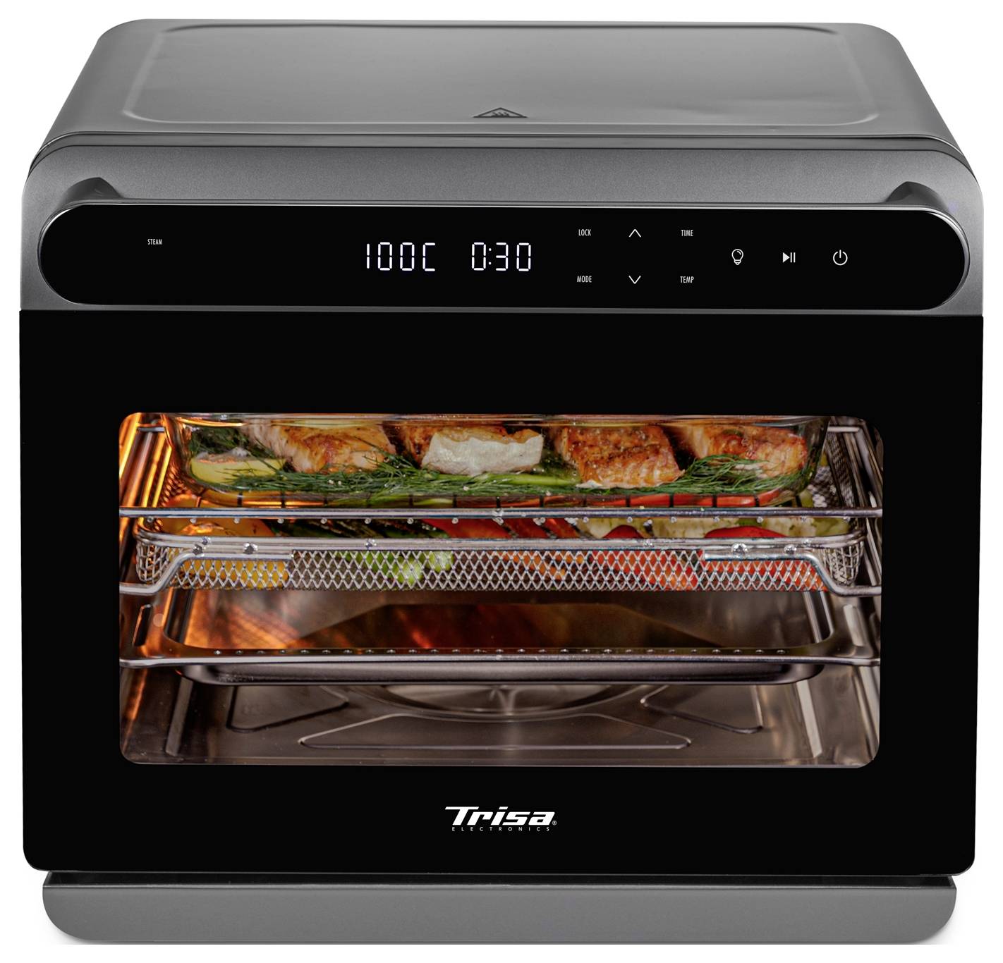 Ein digitaler Heißluftfritterofen mit LED-Display, das '100°C' und '0:30' anzeigt. Im Inneren sind Bleche mit geröstetem Gemüse und Fleisch zu sehen.