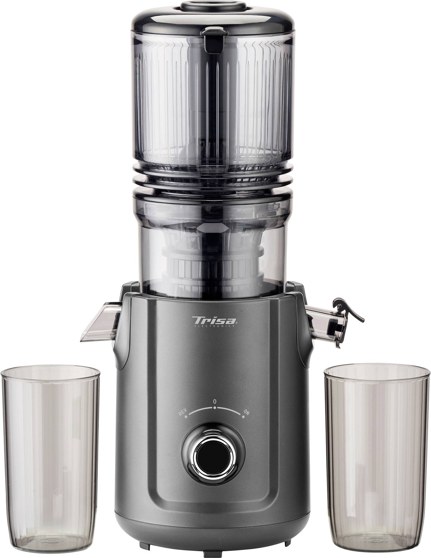 Ein schlanker grauer Entsafter mit zwei transparenten Bechern auf beiden Seiten; der Markenname ist auf der Vorderseite sichtbar.