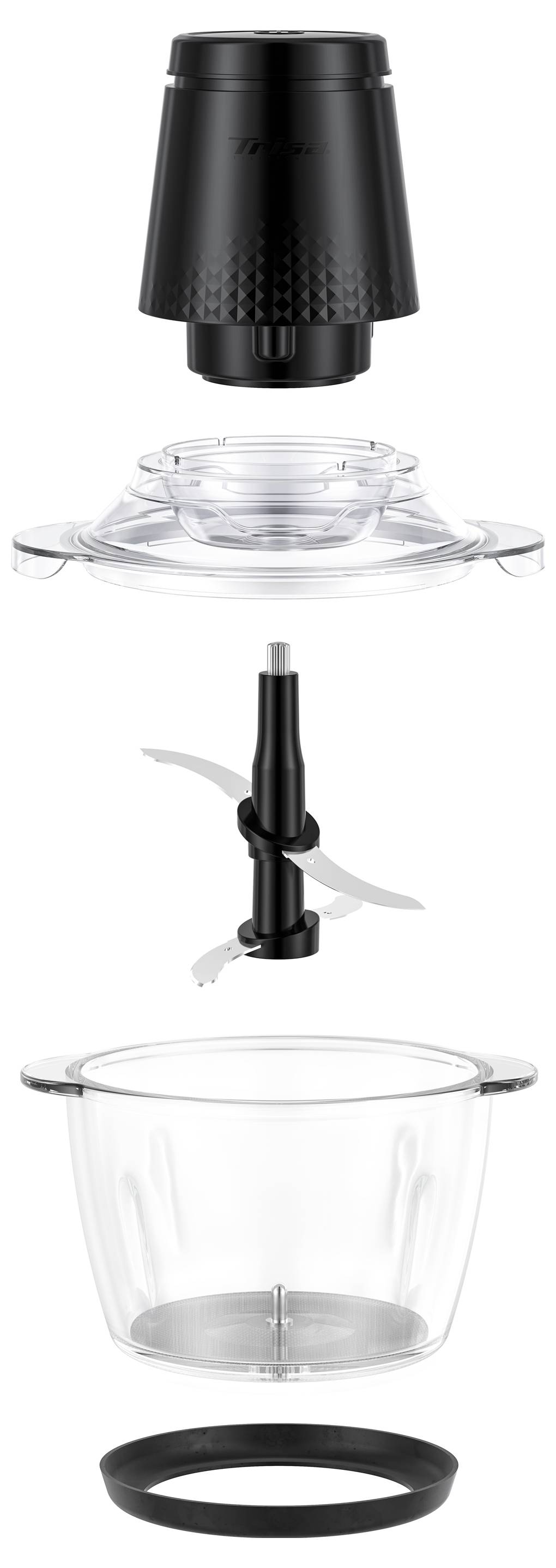 Explosionszeichnung eines Standmixers mit Darstellung der Einzelteile: Motor, Deckel, Klinge, Mixbehälter und Sockel.