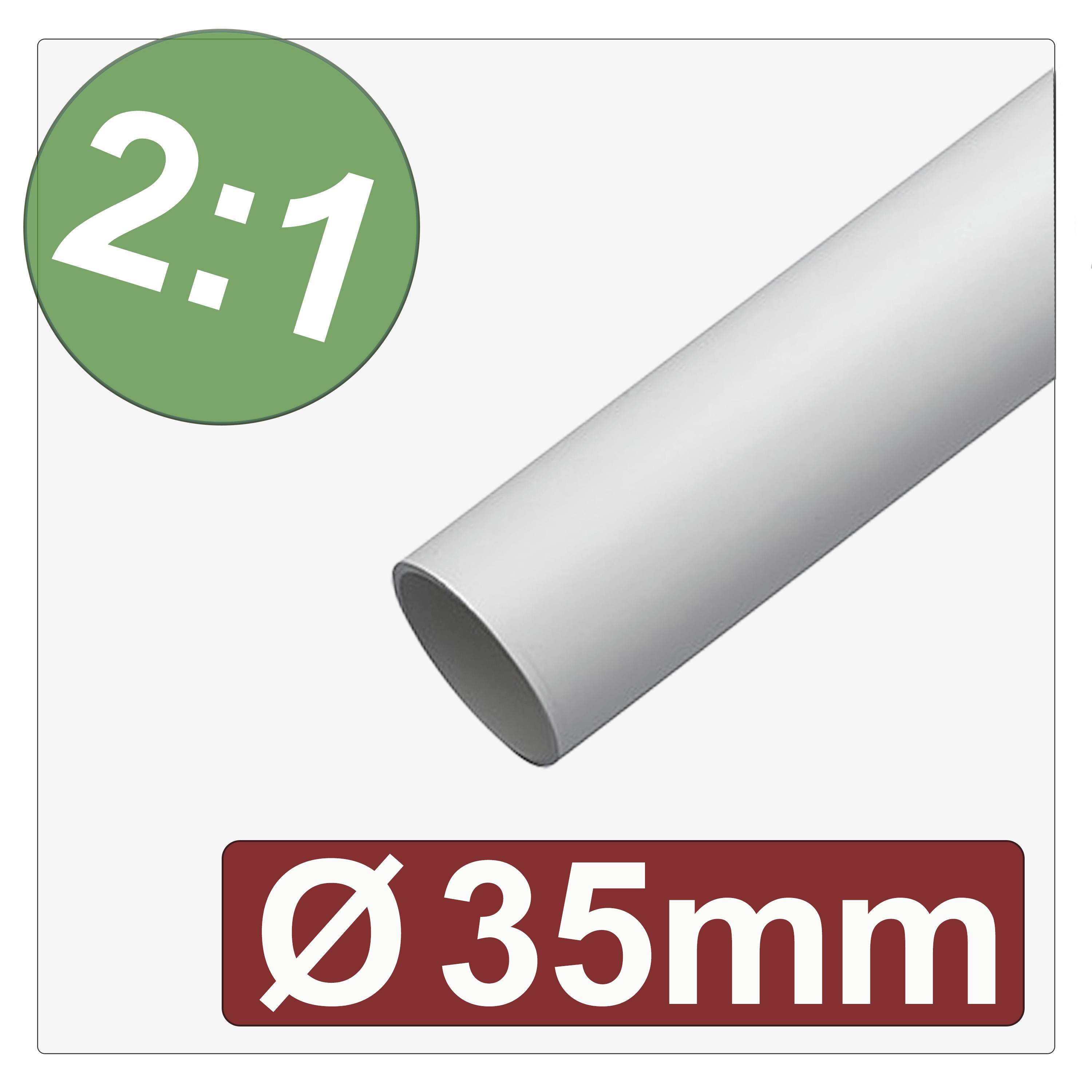 Ein grauer Schlauch mit einem Durchmesser von 35 mm wird gezeigt. Ein grüner Kreis zeigt ein Verhältnis von '2:1' an und gibt das Schrumpfverhältnis des Schlauchs an.