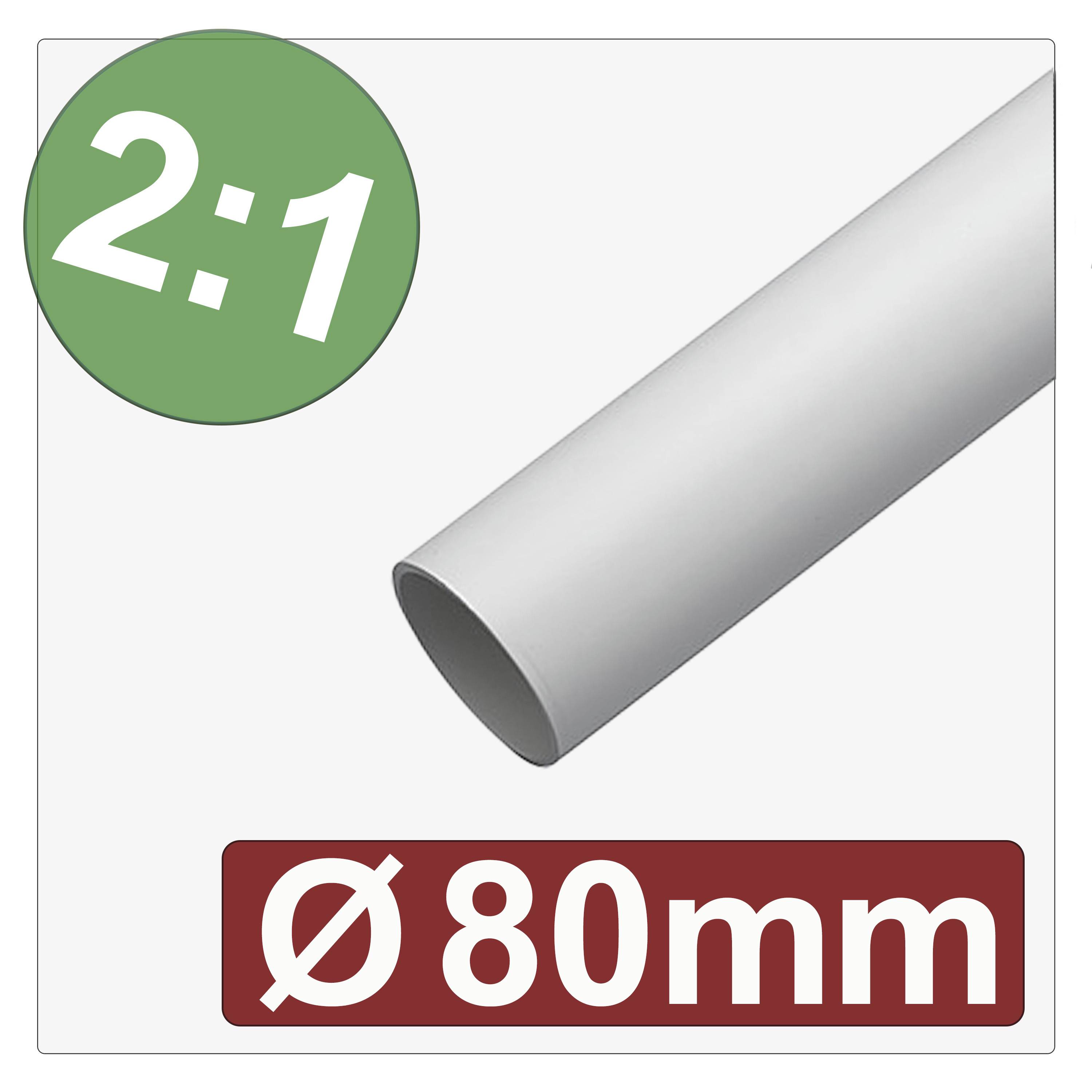 Ein weißes, zylindrisches Rohr mit einem Durchmesser von 80 mm ist dargestellt. Das Bild enthält einen grünen Kreis, der in der oberen linken Ecke '2:1' anzeigt.