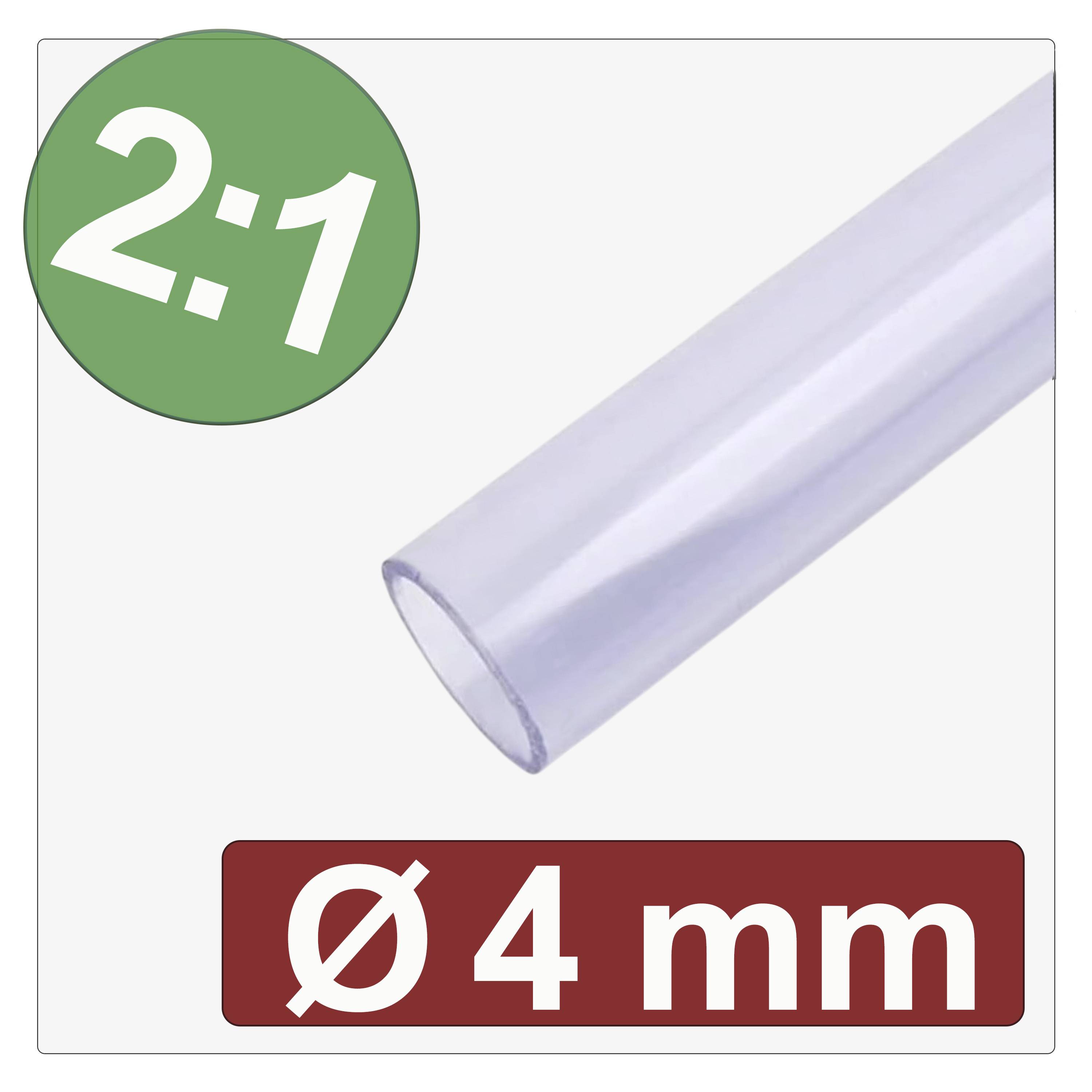 Transparente Schlauchleitung mit 4 mm Durchmesser und 2:1 Schrumpfverhältnis, was Flexibilität und Eignung für Kabelisolierungs- oder Ummantelungsanwendungen anzeigt.