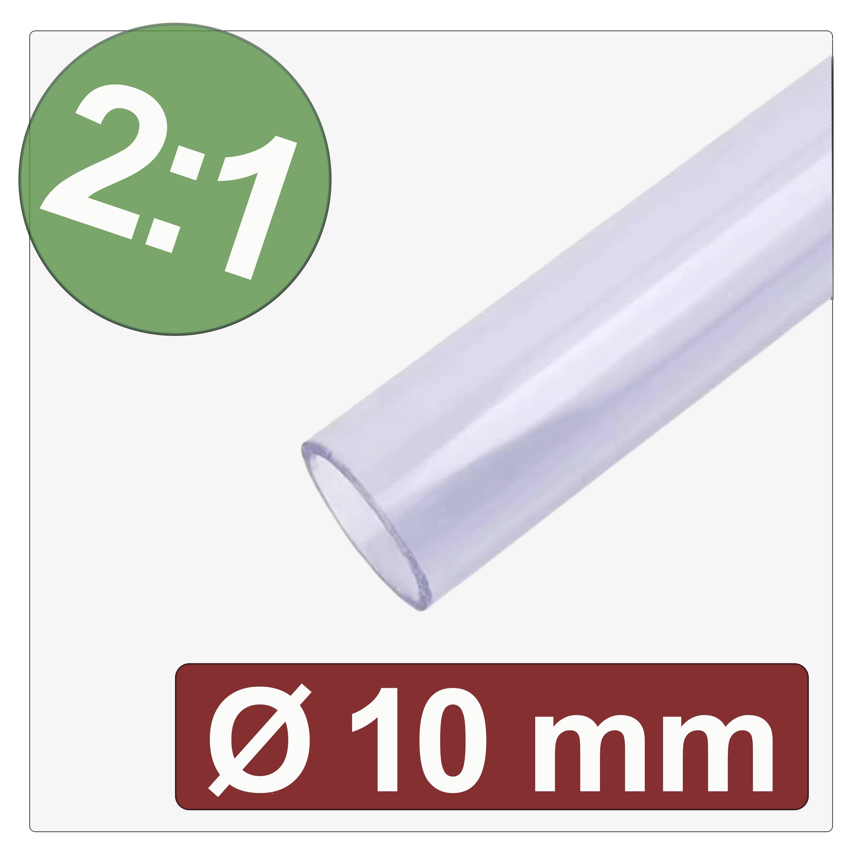 Transparenter Schrumpfschlauch, mit '2:1' gekennzeichnet, mit einem Durchmesser von 10 mm.