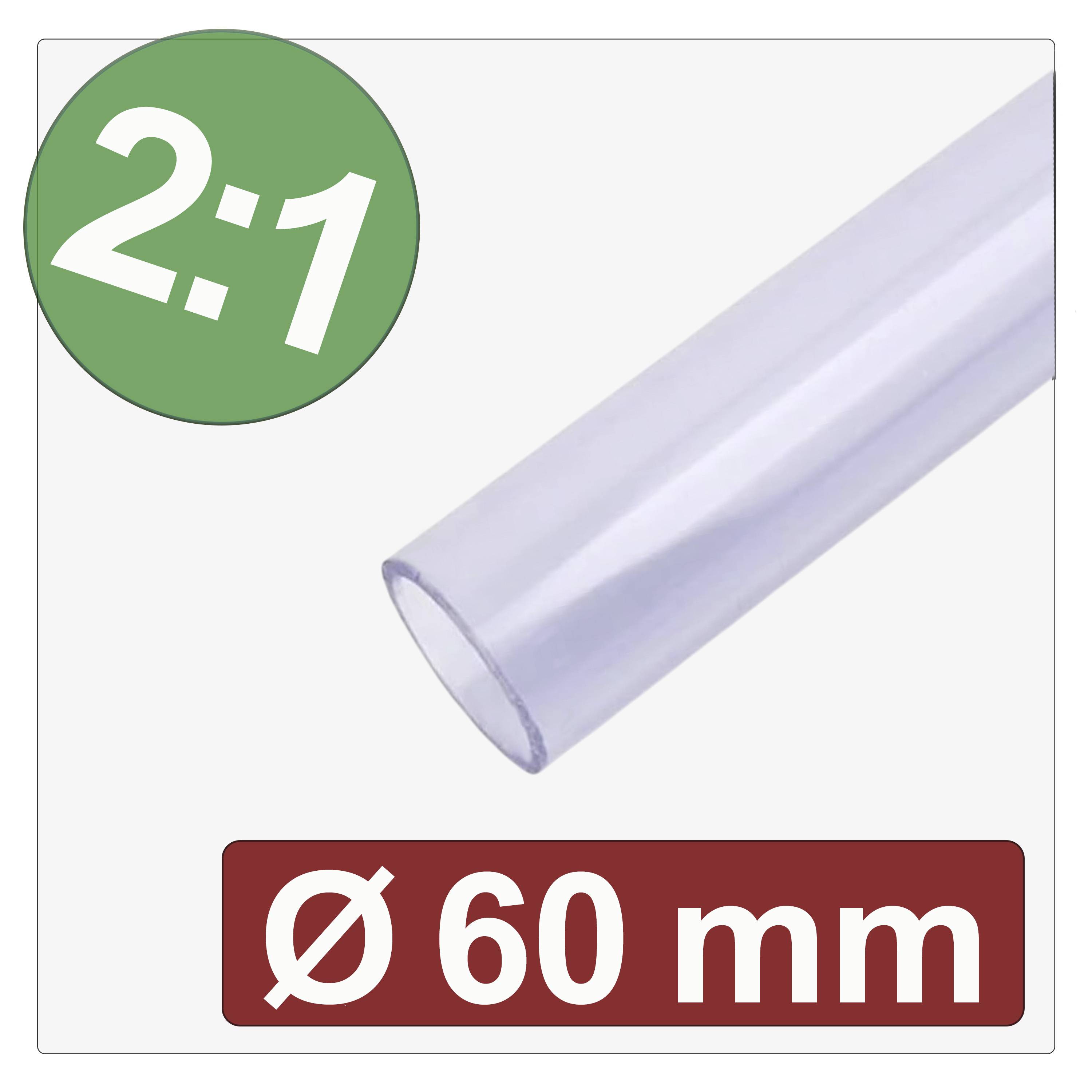 Transparenter Schrumpfschlauch, gekennzeichnet mit ‚2:1', Durchmesser ‚Ø 60 mm', der das Schrumpfverhältnis und die Größe angibt.