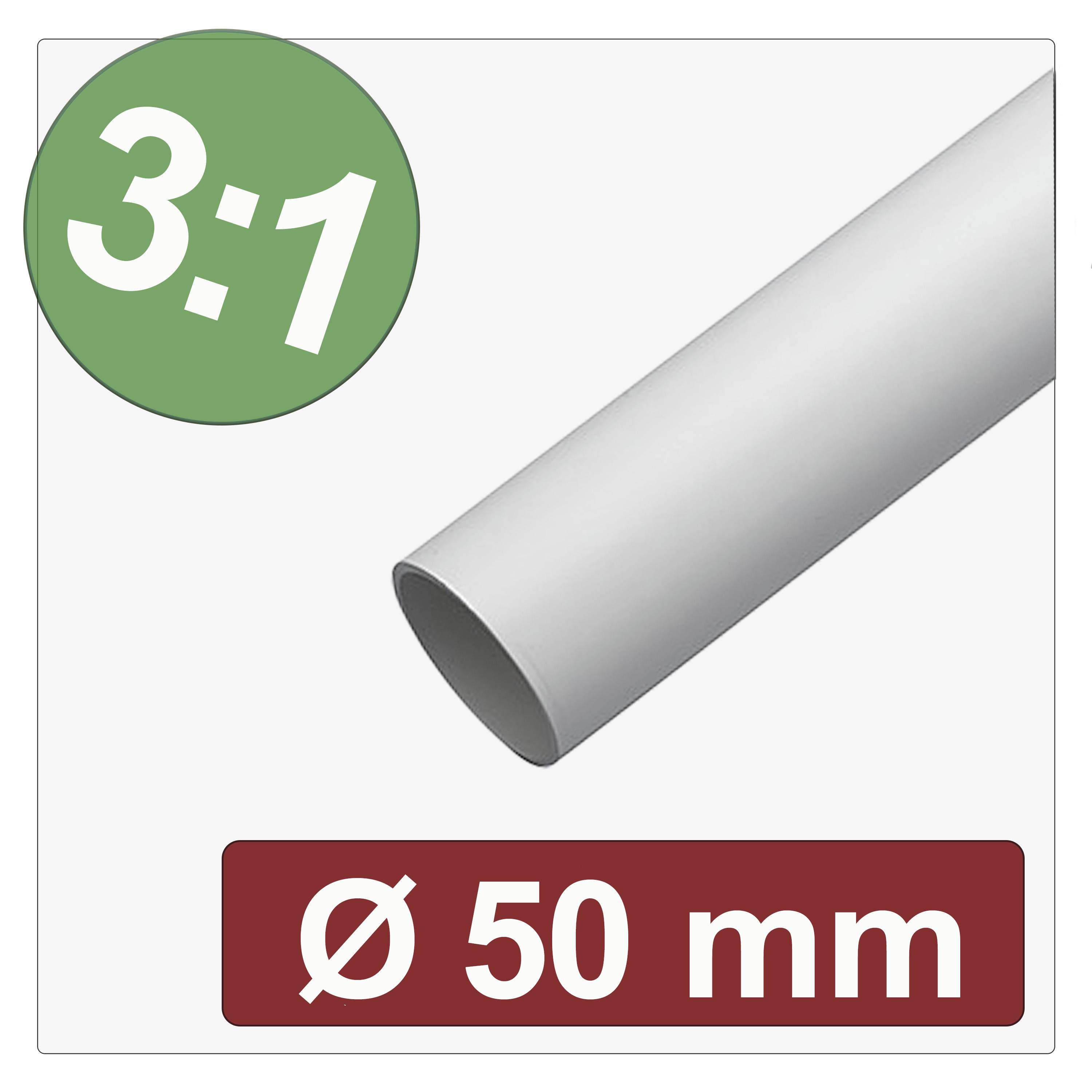 Ein weißer zylindrischer Rohr mit einem Durchmesser von 50 mm. Grüner Kreis mit '3:1' im Verhältnis, der eine Größen- oder Skalierungsvergleich anzeigt.