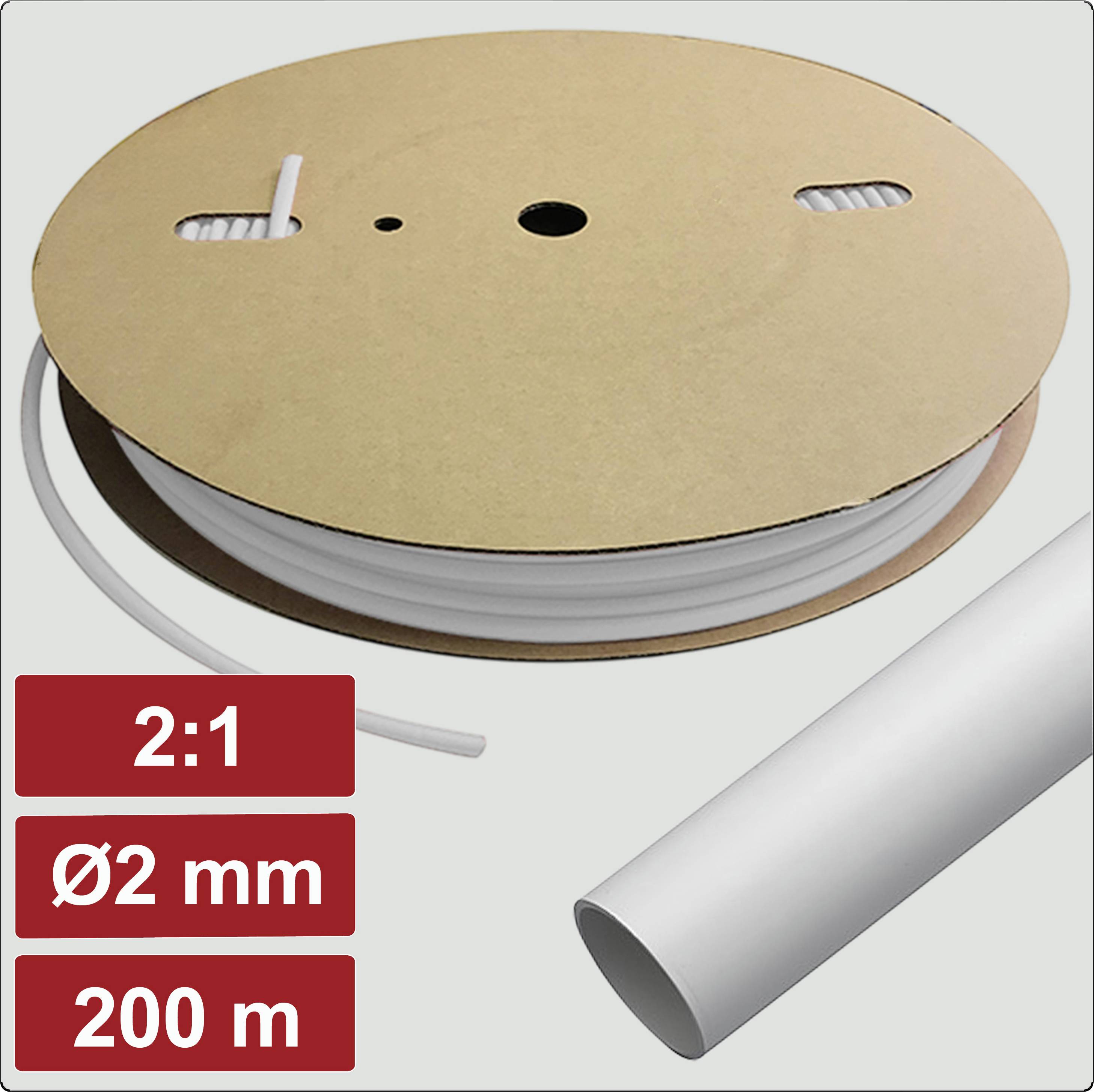 Eine Spule aus weißem Schlauch mit Dimensionen im Verhältnis 2:1, 2 mm Durchmesser, 200 Meter Länge, wie auf den Etiketten angegeben.