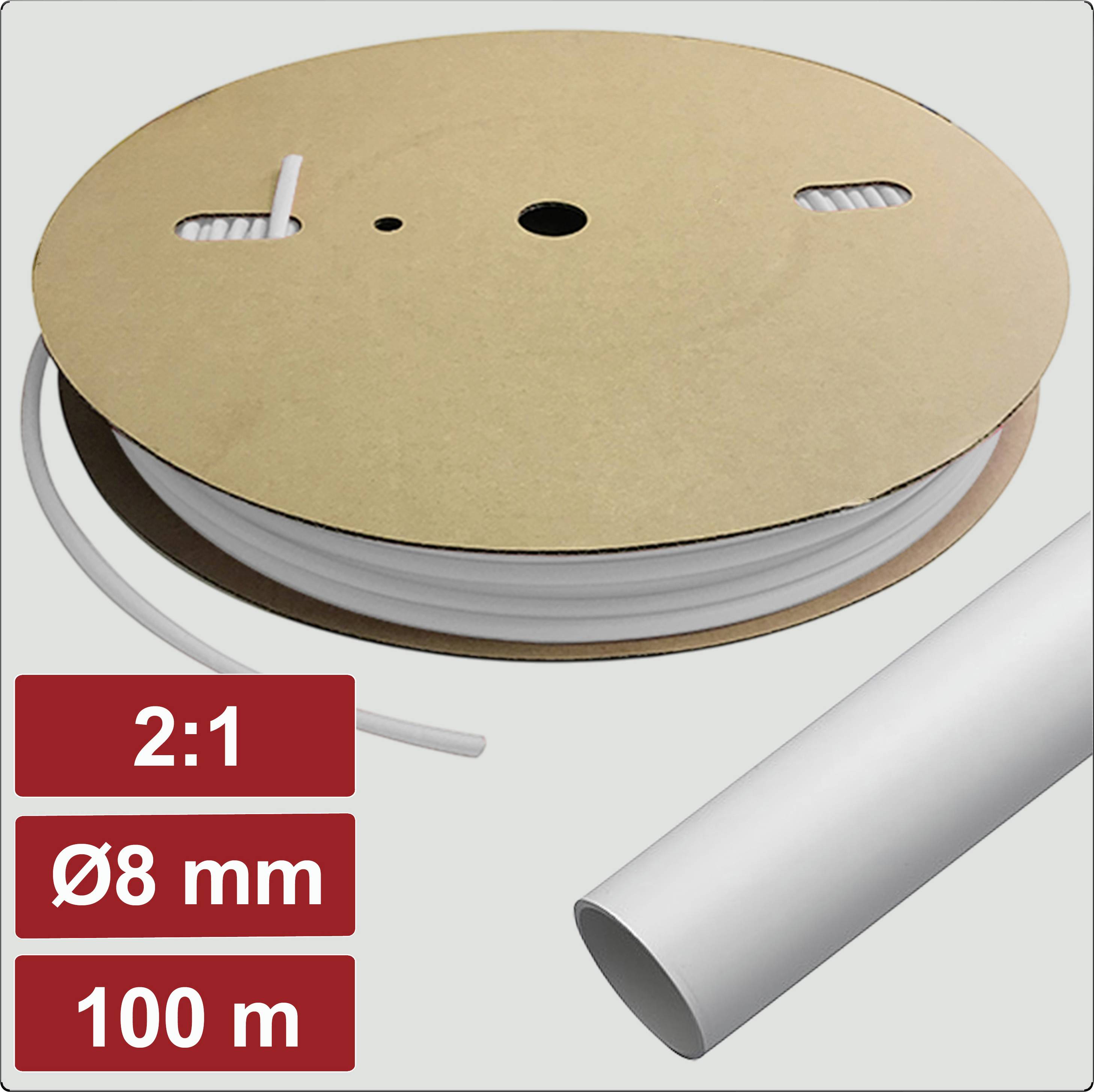 Eine Rolle weißer Schrumpfschlauch, beschriftet mit 2:1, Ø8 mm, 100 m, mit einem Abschnitt des Schlauchs, der separat rechts gezeigt wird.