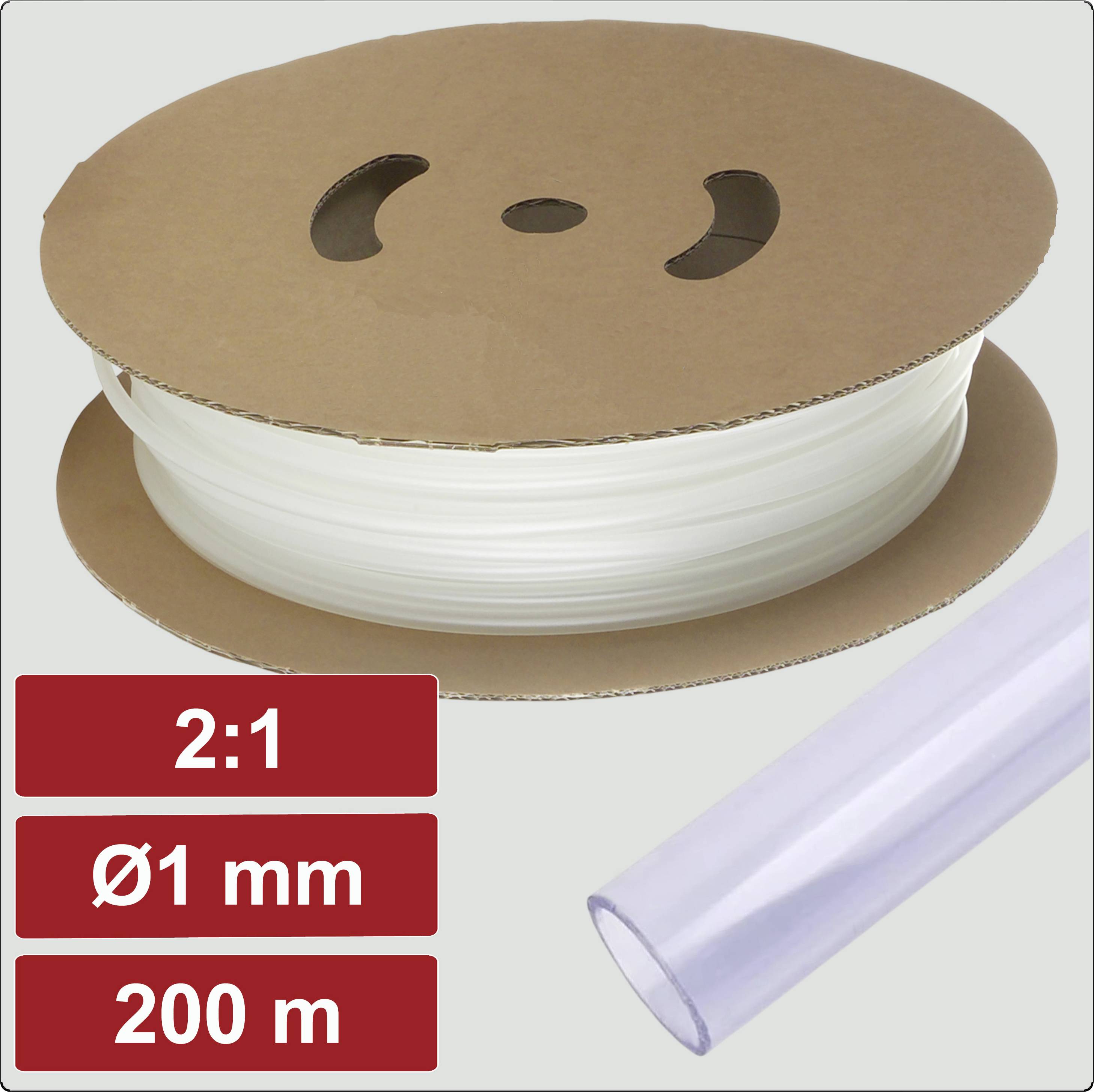 Aufgewickeltes transparentes Schlauchrohr auf Kartenspule, beschriftet mit '2:1', 'Ø1 mm', '200 m'.