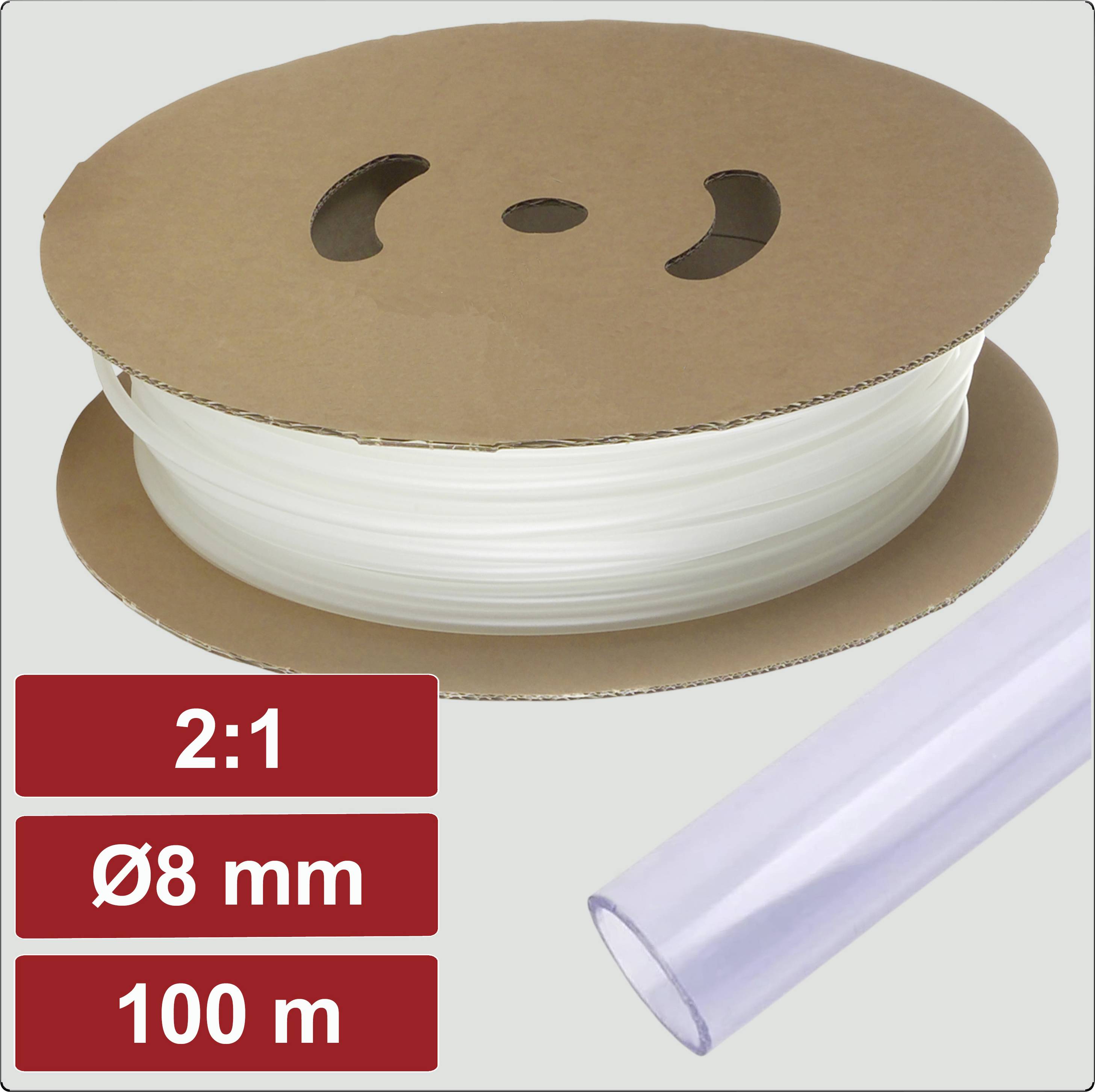 Eine große Rolle weißen Schlauchs mit braunen Kartonseiten, beschriftet mit '2:1 Ø8 mm 100 m', und ein Segment transparenten Schlauchs in Nahaufnahme.