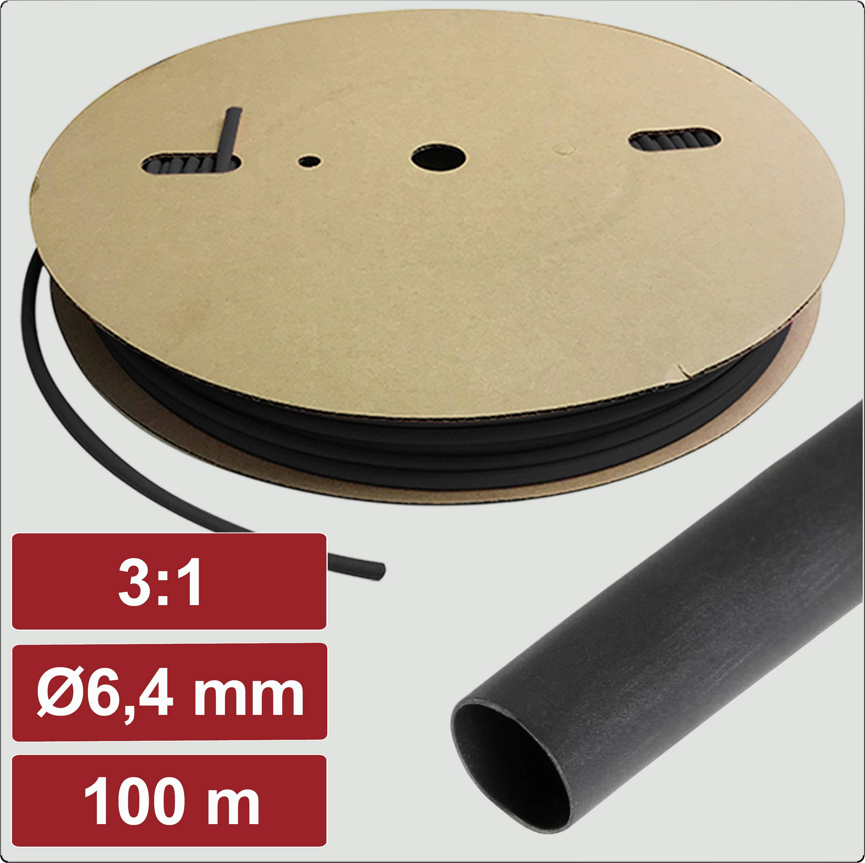 Eine Rolle schwarzer Schrumpfschlauch, beschriftet mit '3:1', 'Ø6,4 mm', '100 m'. Das Ende des Schlauchs wird in Nahaufnahme gezeigt, wobei seine Textur hervorgehoben wird.