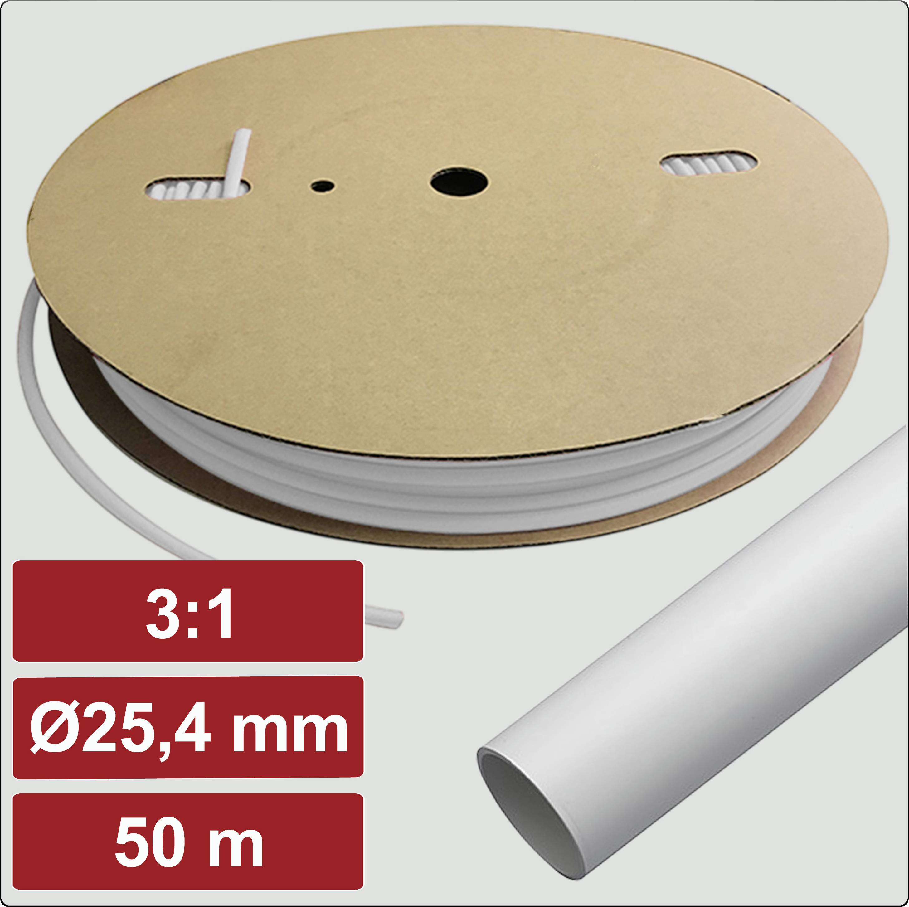 Eine Rolle weißer Schrumpfschlauch mit der Beschriftung 
