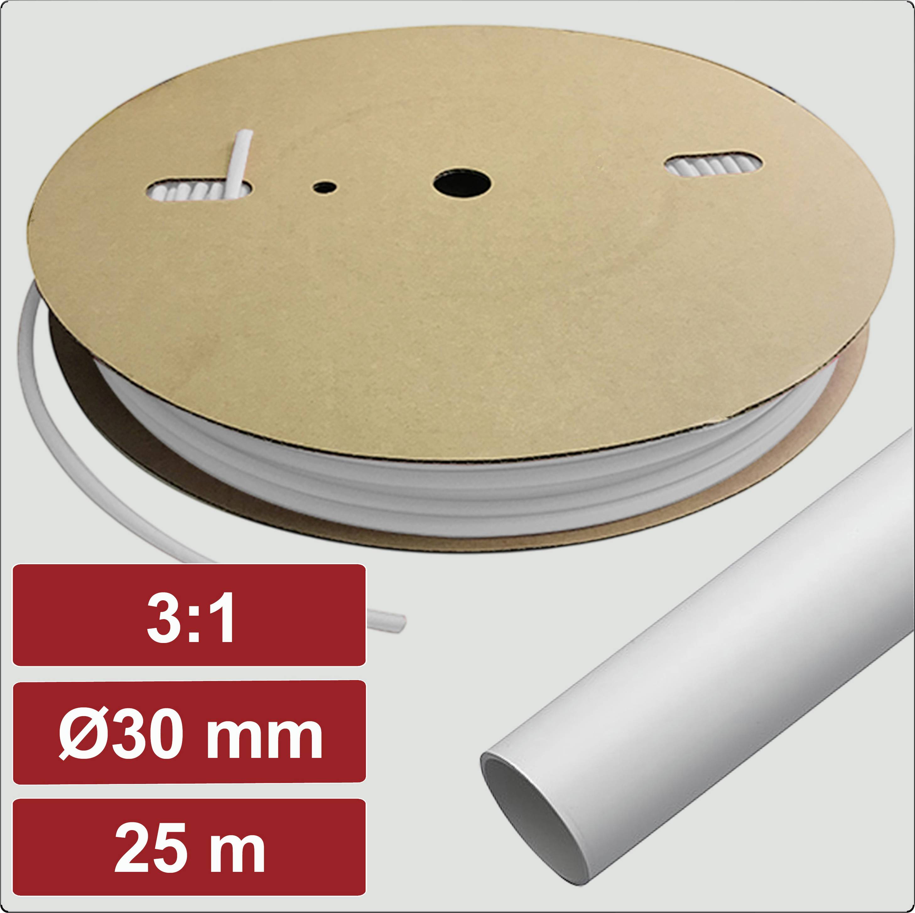 Eine Spule mit weißem Schlauch, beschriftet mit '3:1', 'Ø30 mm', '25 m'. Der Schlauch ist in einer Rolle dargestellt, rechts daneben eine Detailaufnahme eines Schlauchabschnitts.