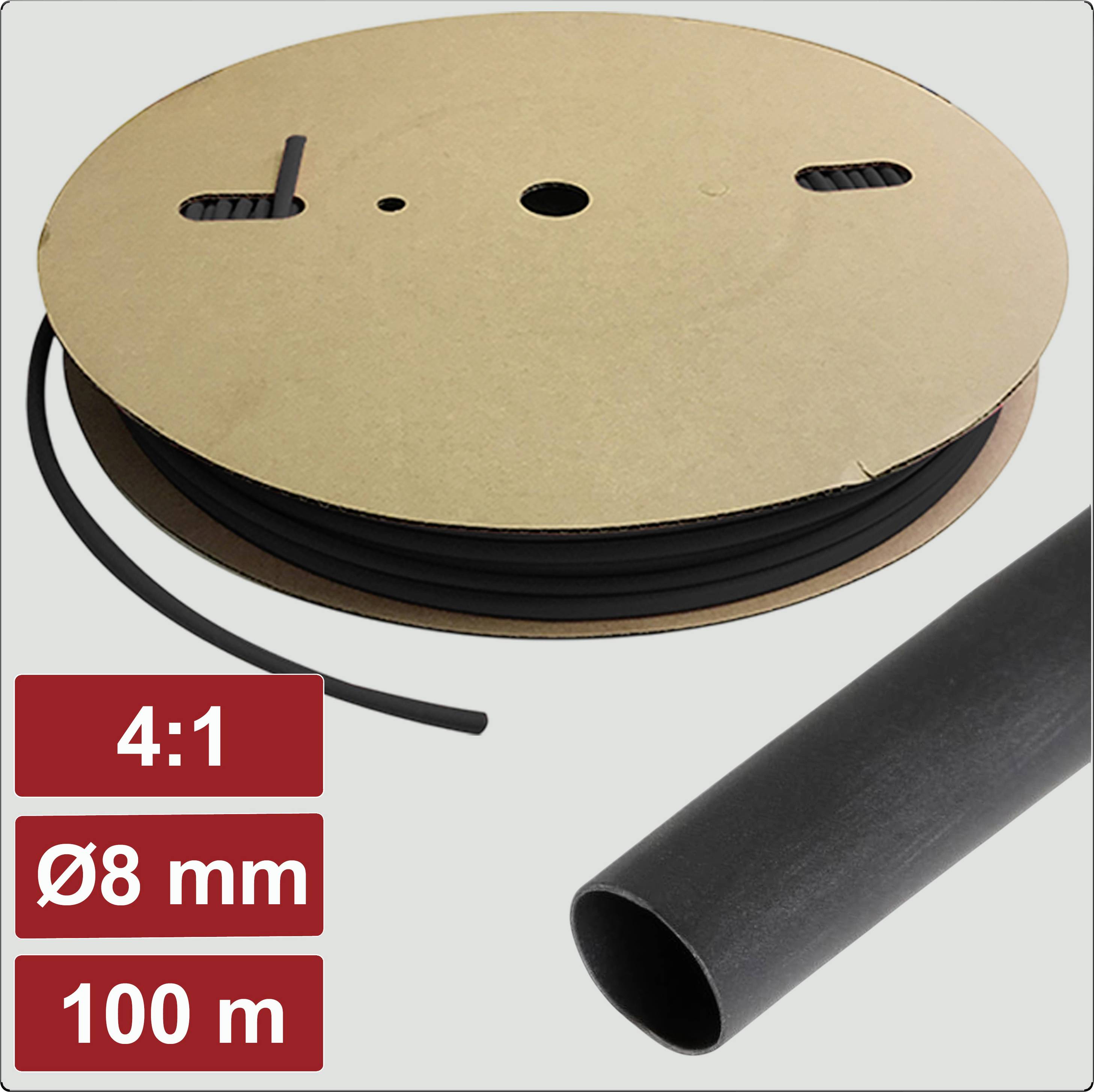 Eine Rolle schwarzer Schrumpfschlauch mit einem Verhältnis von 4:1, einem Durchmesser von 8 mm und einer Länge von 100 Metern wird gezeigt.