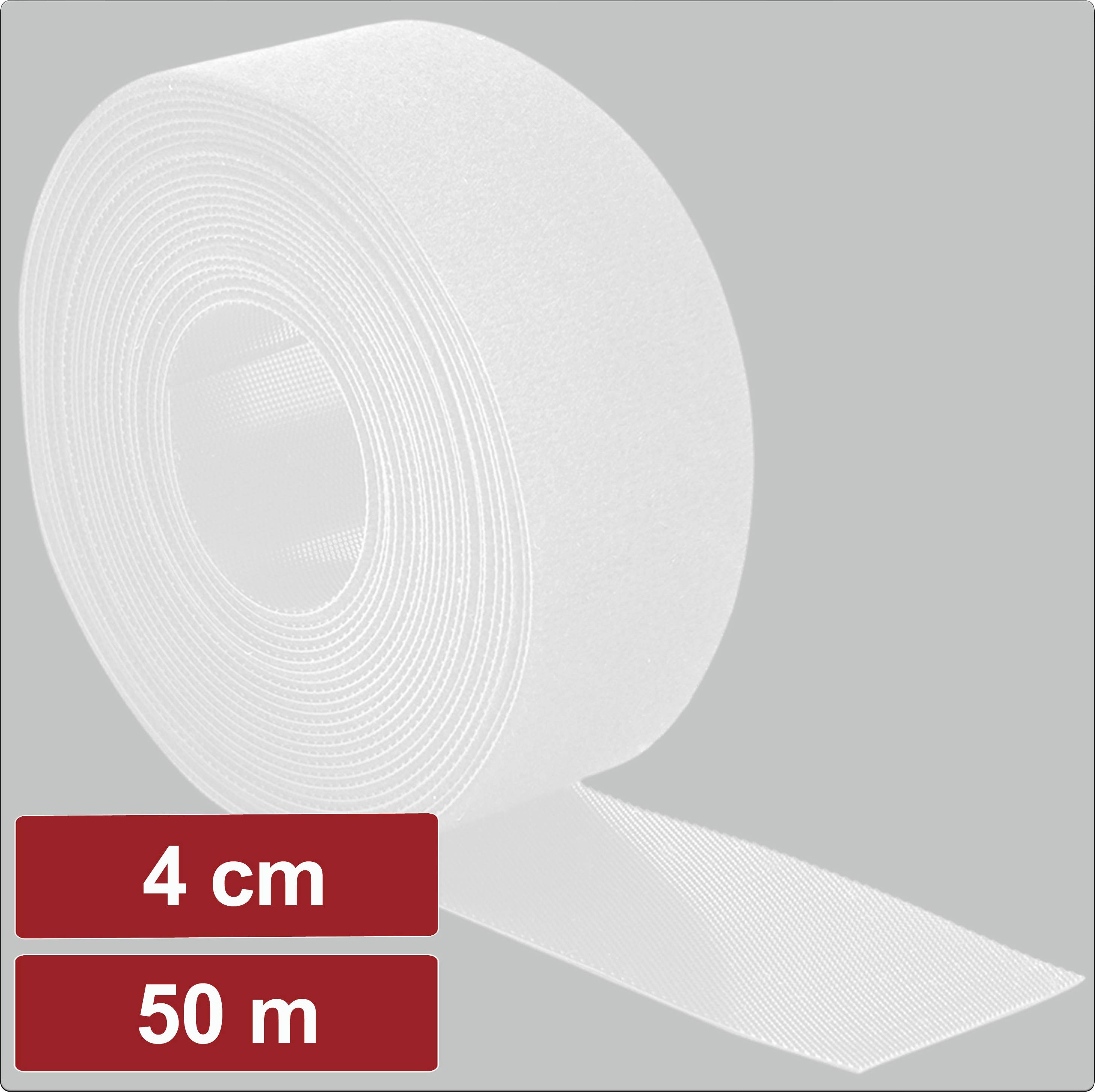 Eine Rolle weißes Klebeband, das sich über eine Oberfläche abwickelt. Die Etiketten zeigen '4 cm' für die Breite und '50 m' für die Länge an.