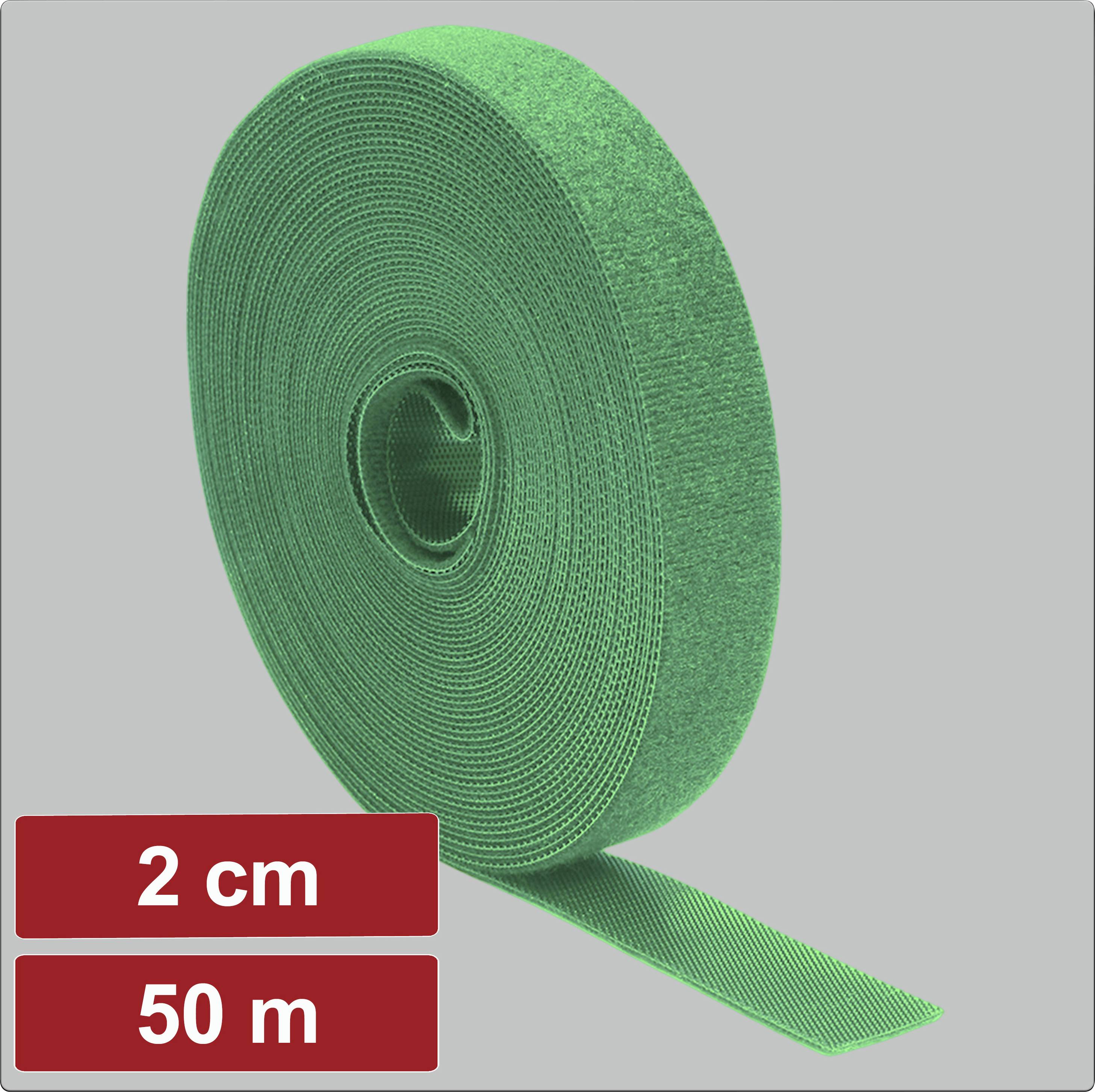 Eine Rolle grünen Klett- und Schlaufenbandes, 2 cm breit und 50 m lang, auf einem grauen Hintergrund.