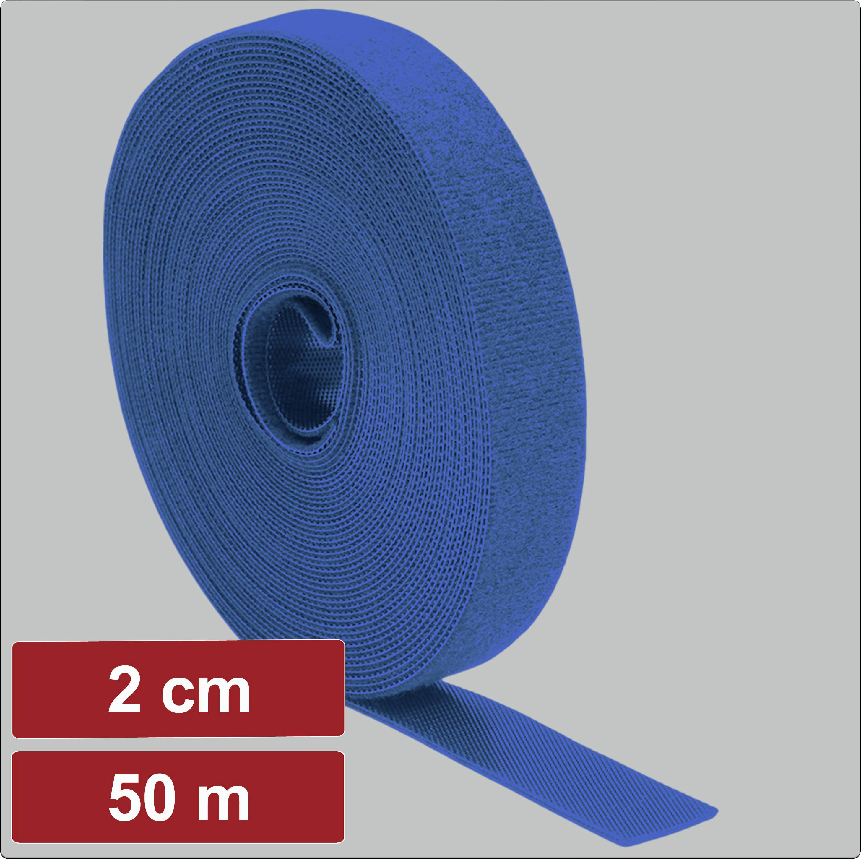 Eine Rolle blaues Klettband, 2 cm breit und 50 Meter lang, vor einem grauen Hintergrund präsentiert, mit Spezifikationen in roten Kästen beschriftet.