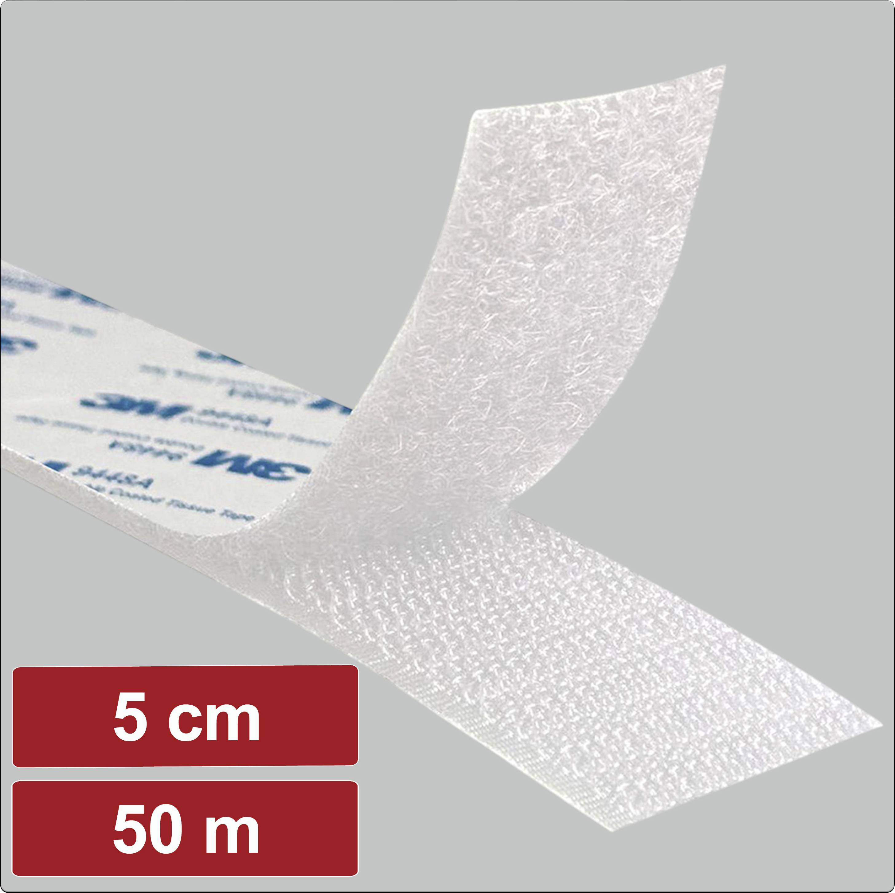 Eine Rolle transparenten Klett- und Schlaufenbands ausgerollt, um die Textur zu zeigen. Etiketten geben die Abmessungen an: 5 cm Breite und 50 m Länge.