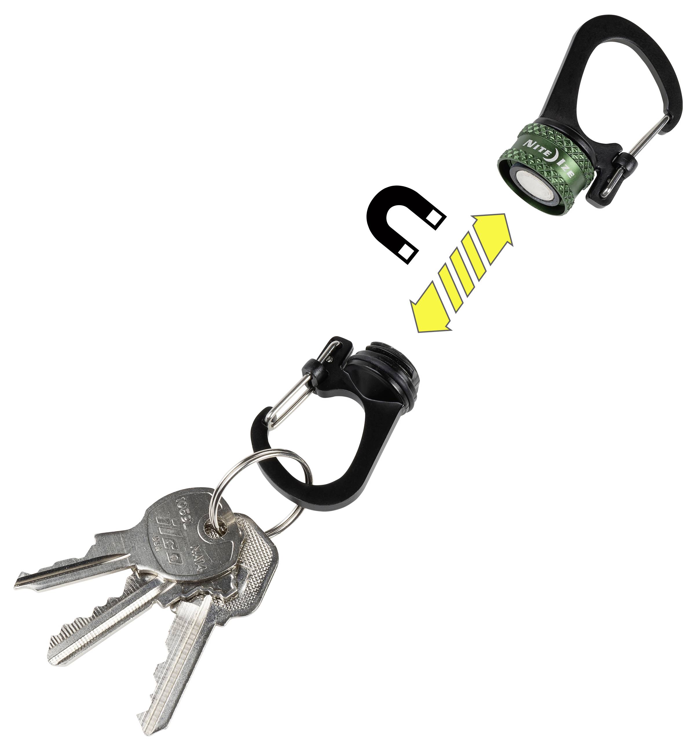 Magnetischer Schlüsselanhänger-Clip, der sich von den Schlüsseln löst und ein Magnetensymbol sowie Pfeile zeigt, die die magnetische Verbindung andeuten.