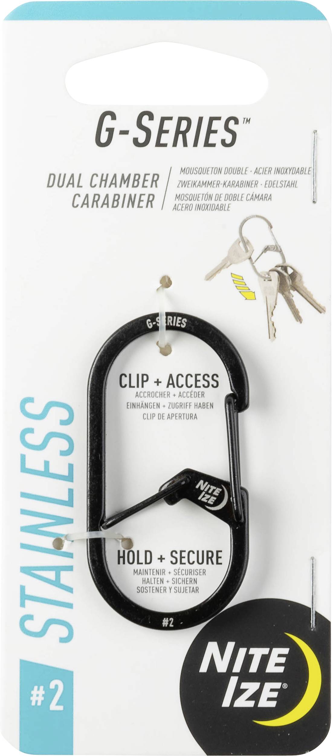 Verpackungsbild des 'Nite Ize G-Series Dual Chamber Carabiners' mit Edelstahlkonstruktion, beschriftet mit den Abschnitten: 'Einhaken + Zugang' und 'Halten + Sichern'.