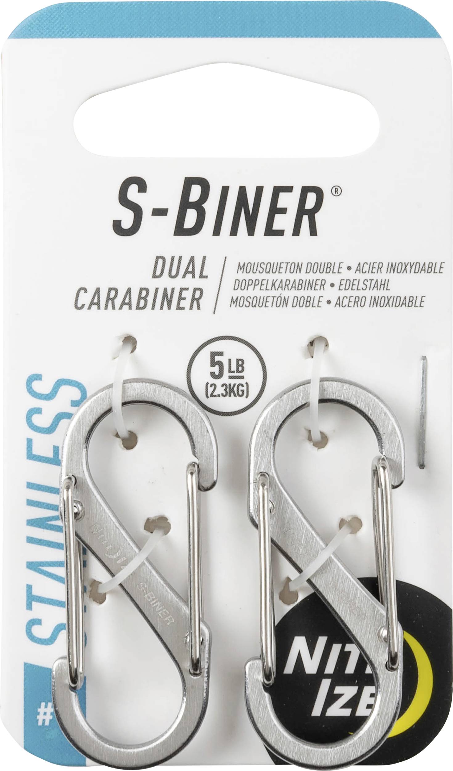 Zwei Edelstahl-S-Biner auf einer Karte mit der Aufschrift: S-Biner, Doppel-Karabiner, 5 lb (2,3 kg), Nite Ize.