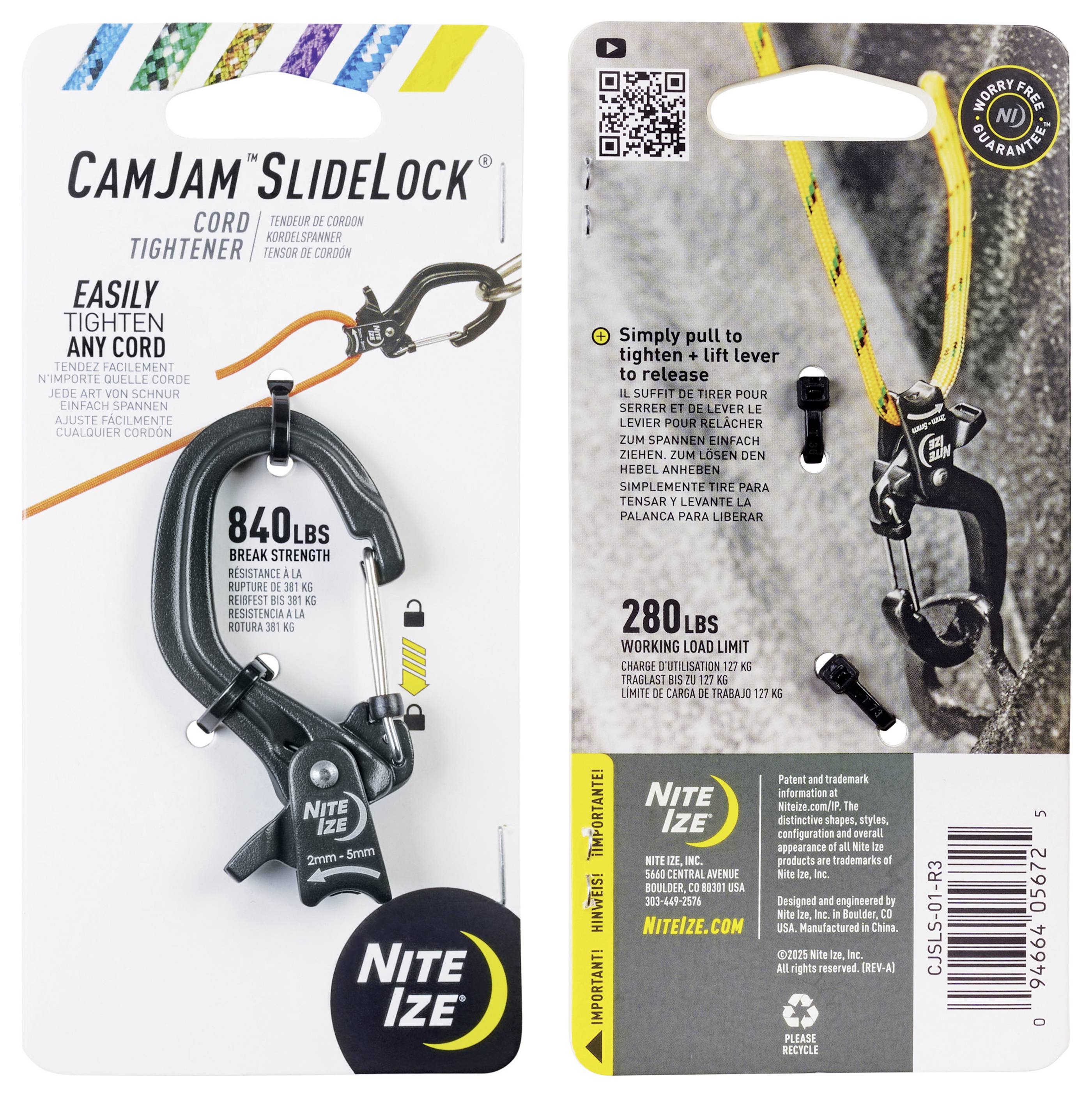 'CamJam SlideLock Cord Tightener' package shows a black cord tightening tool with a carabiner. Features include tightening any cord, 840 lbs break strength, 280 lbs working load limit. Instructions: 'Simply pull to tighten and lift lever to release.'