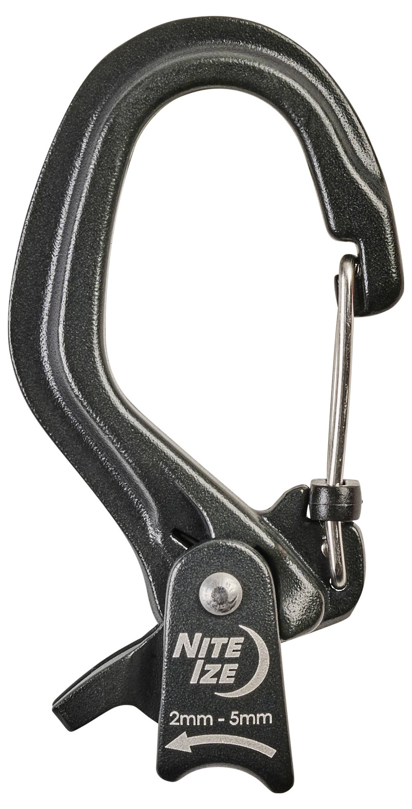 Ein Metall-Karabiner-Schlüsselanhänger von 'Nite Ize', ausgelegt für Schnüre von 2 mm bis 5 mm, verfügt über eine Klammer zum Befestigen kleiner Gegenstände.