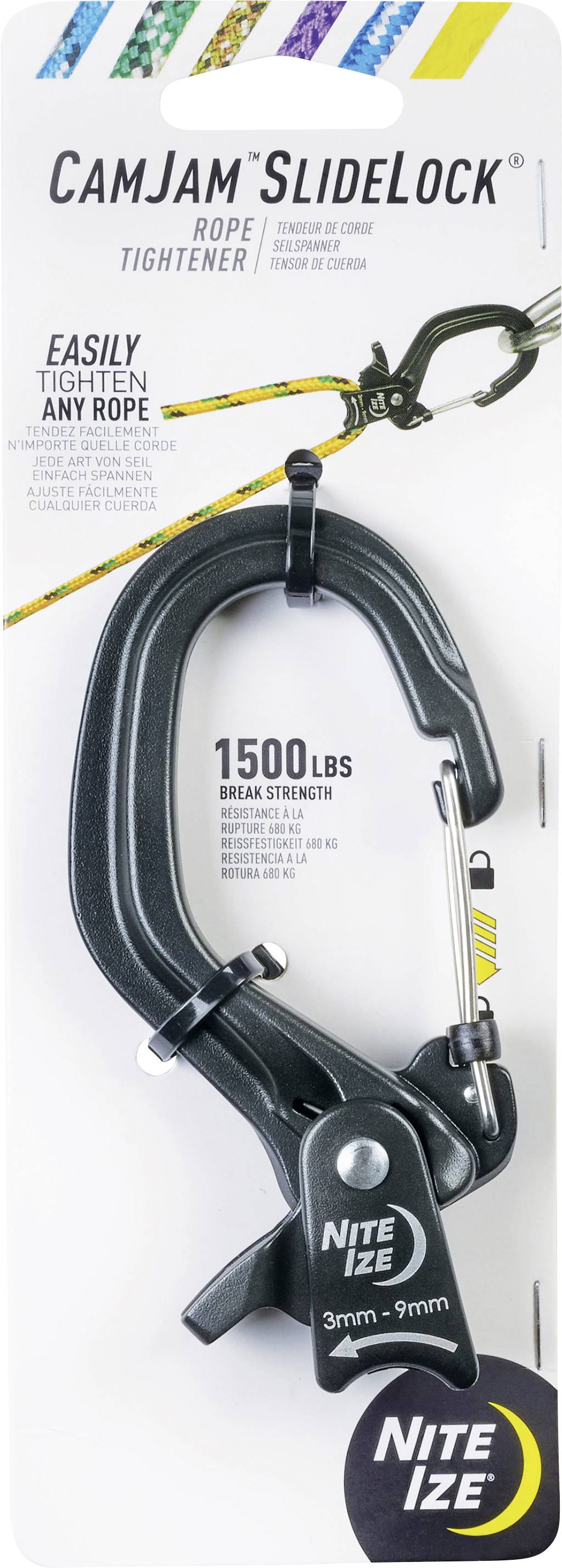 Nite Ize CamJam SlideLock Seilspanner<br><br>Eigenschaften:<br>- Bruchfestigkeit: 1500 lbs<br>- Passend für Seile von 3mm bis 9mm<br>- Einfach zu spannen