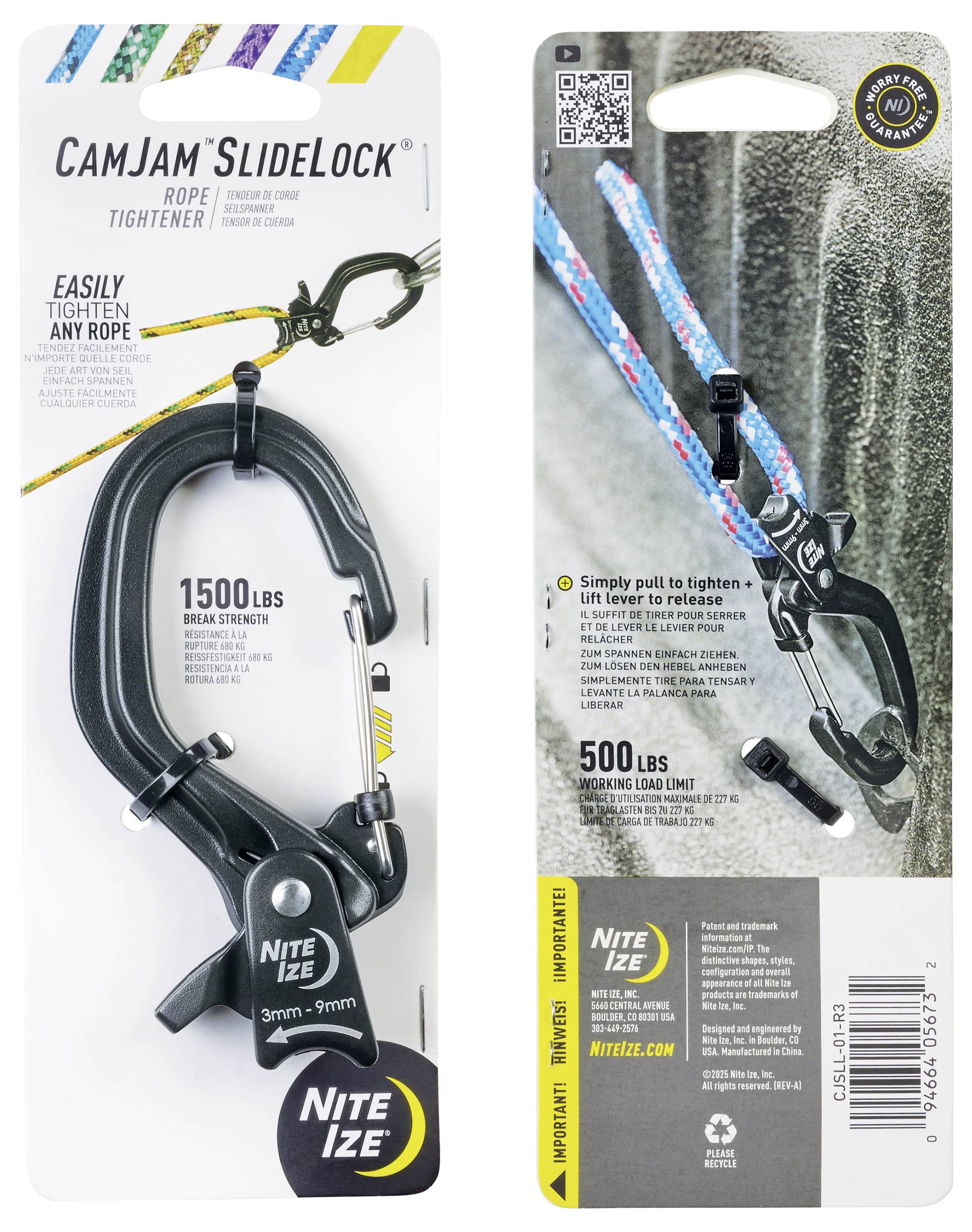 'CamJam SlideLock Seilspanner' Verpackung zeigt einen schwarzen Verschließmechanismus. Vorderseite: 'Jedes Seil einfach spannen,' 680 kg Bruchlast. Rückseite: '227 kg Arbeitslast,' Grafiken zeigen Verwendung mit blauen und roten Seilen.