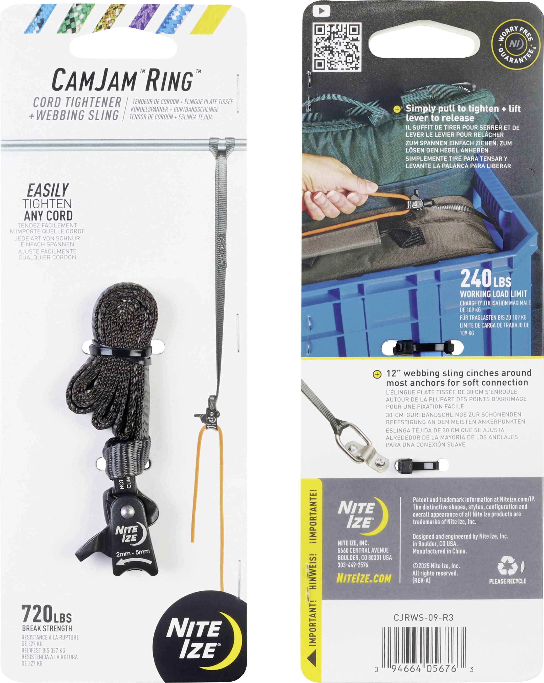 'CamJam Ring' Verpackung mit einem Kordelstopper und einem Gurtbandsling. Vorderseite zeigt das Produkt, 720 lbs Festigkeit. Rückseite beschreibt Anwendung und Eigenschaften.