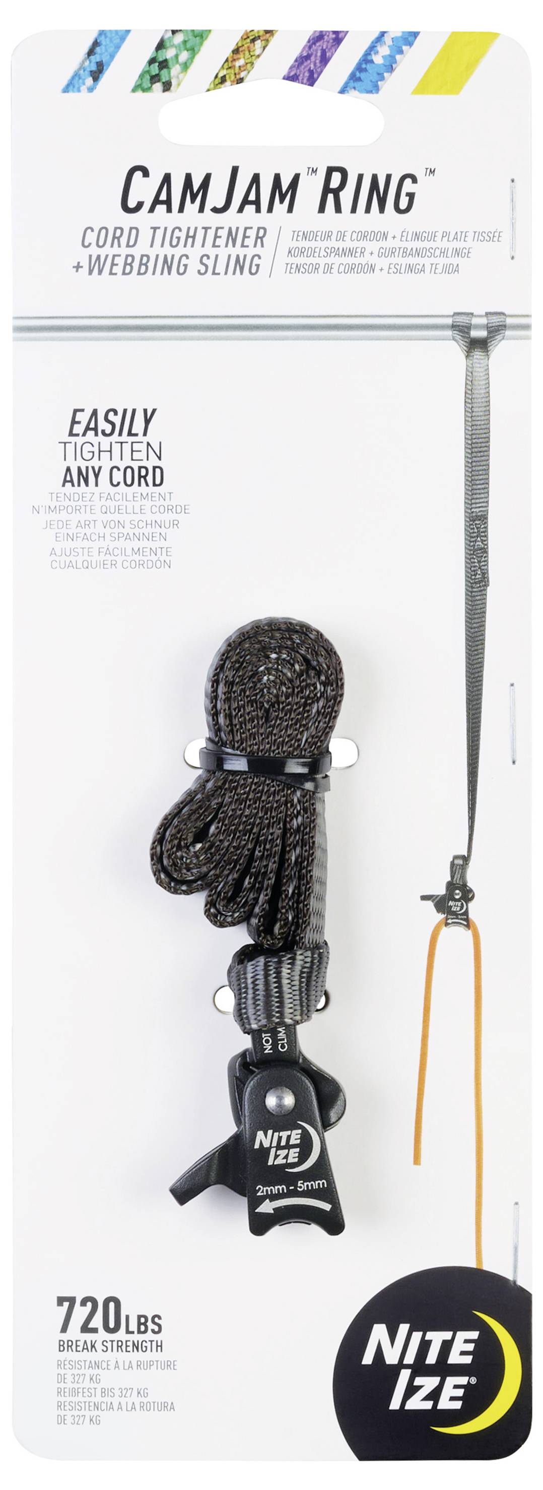 Nite Ize Camjam Befestigungssystem mit Kordel-Spanner, Spanngurt und illustrierten Anweisungen zum Spannen von Seilen