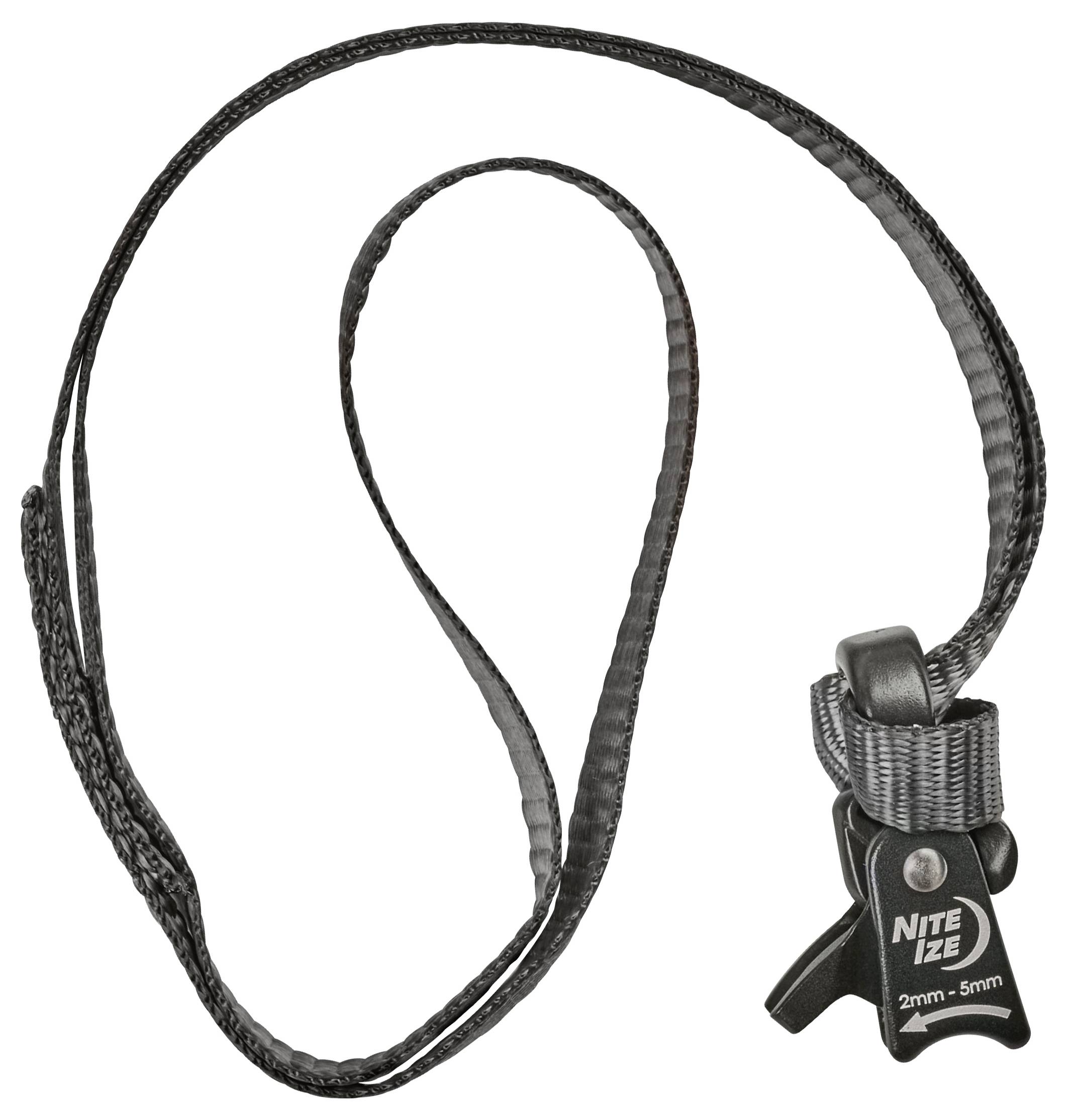 Ein schwarzer, verstellbarer Klemm-Gurtriemen mit einer Klettersicherung und einem Etikett mit der Aufschrift „Nite Ize, 2mm – 5mm
