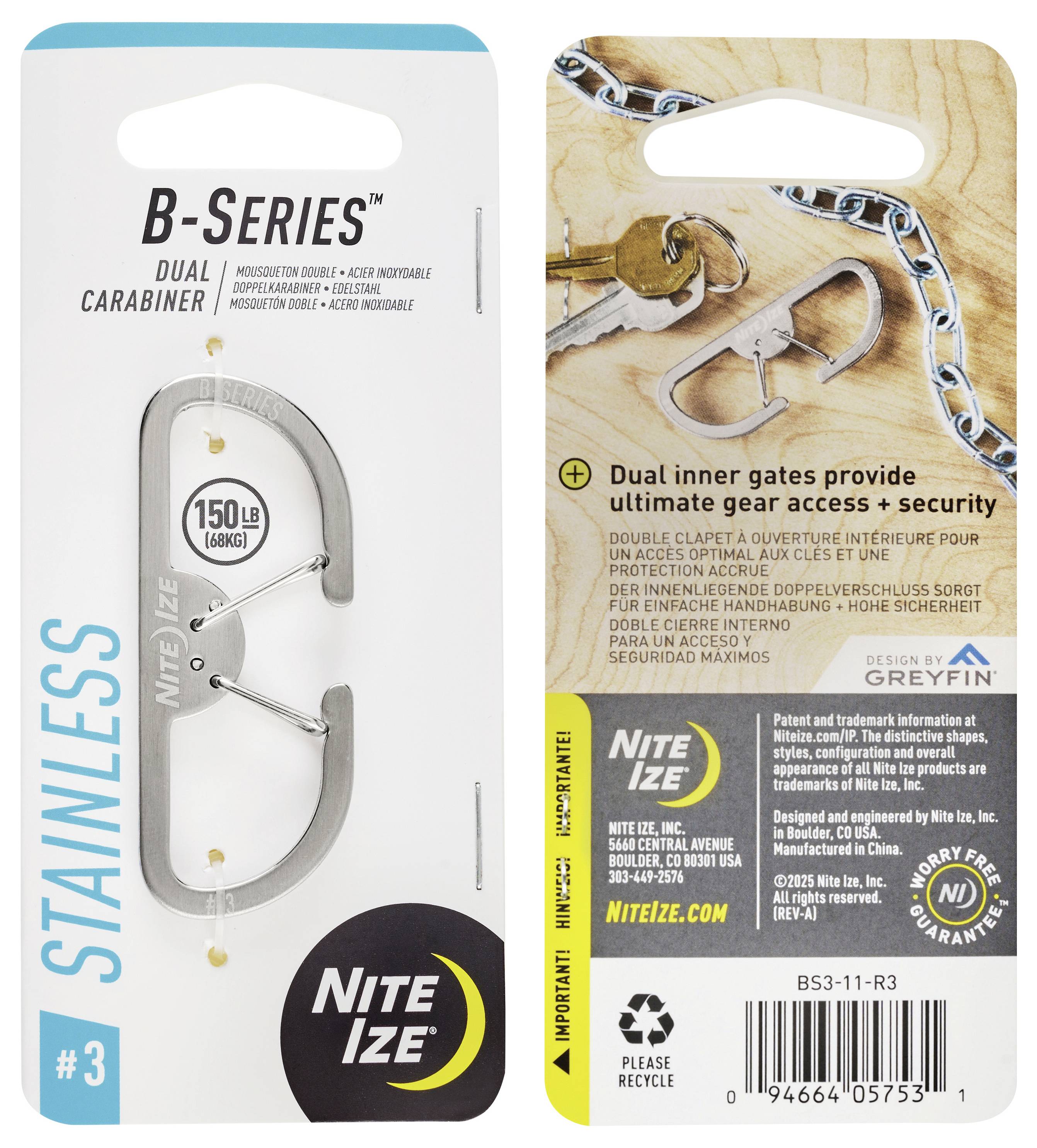 B-Serie Doppelkarabiner-Verpackung enthält einen Karabiner aus Edelstahl mit zwei innenliegenden Verschlüssen für Ausrüstungszugang und Sicherheit, mit einer Tragfähigkeit von 150 Pfund.