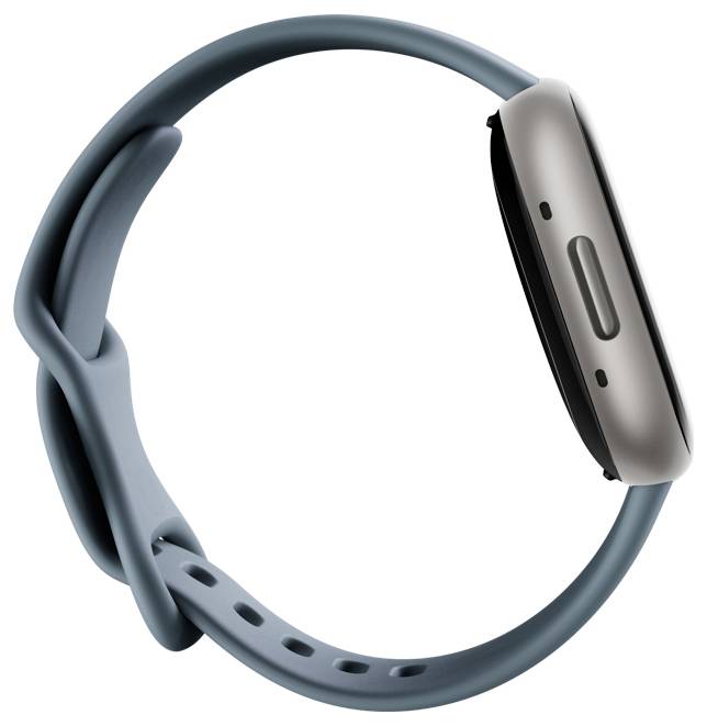 Eine elegante Smartwatch mit blauem Band und minimalistischem Design, mit einer seitlichen Taste und sanft geschwungenen Kanten, von der Seite aufgenommen.