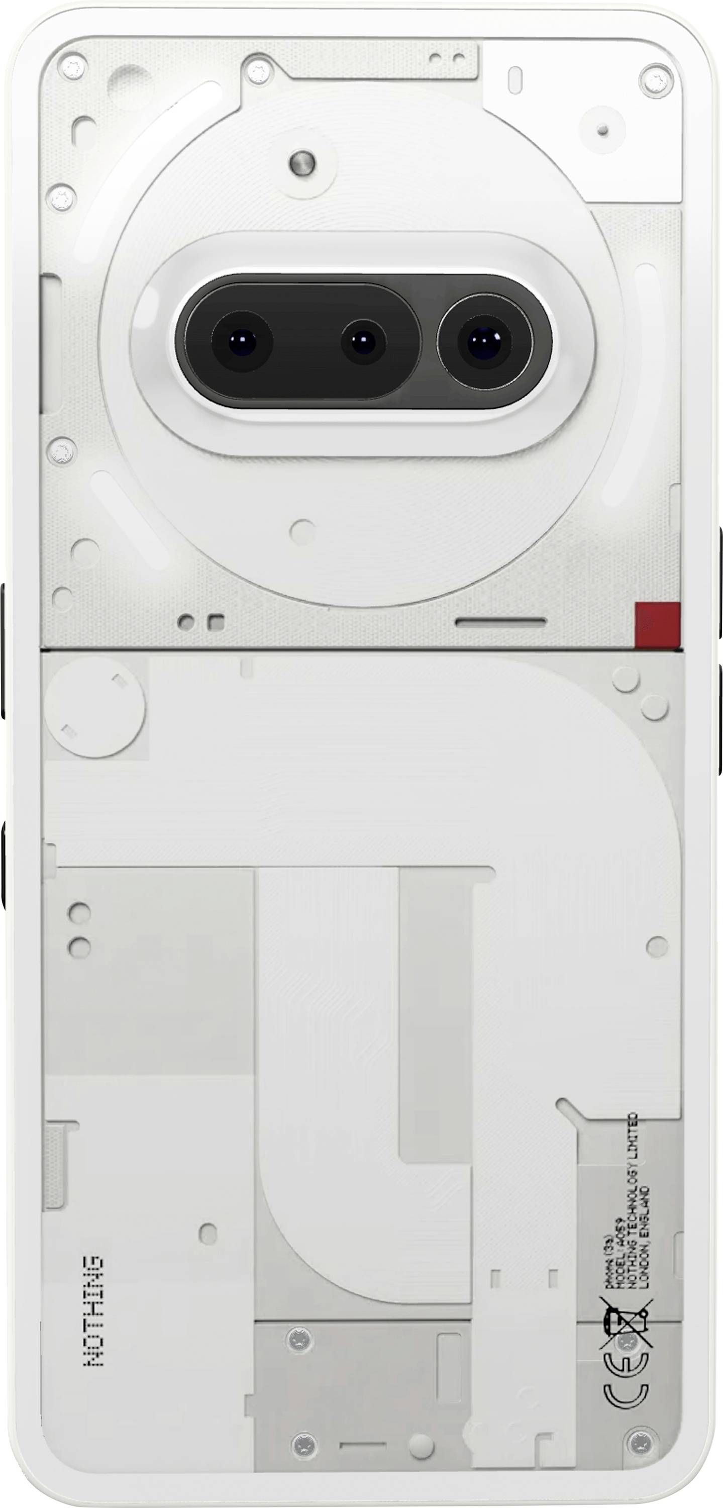 Das Bild zeigt die Rückseite eines Smartphones mit transparentem Design, wobei die internen Komponenten und zwei Kameras an der Oberseite sichtbar sind.