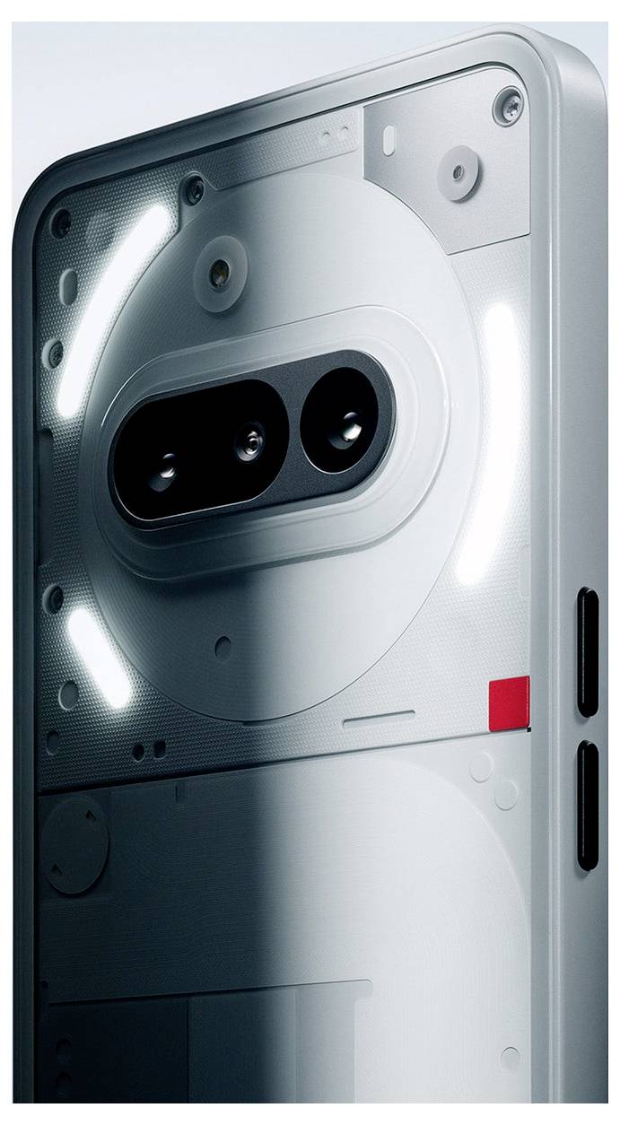 Ein weißes Smartphone mit sichtbaren Dual-Rückkameras und LED-Ringbeleuchtung, das ein minimalistisches Design präsentiert.