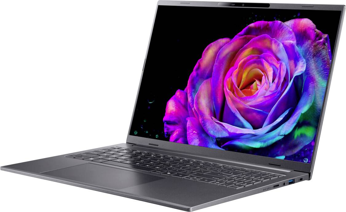 Ein schlankes Laptop, das eine lebendige, farbenfrohe Rose auf seinem Bildschirm zeigt und dabei die hochwertigen Anzeigemöglichkeiten des Geräts hervorhebt.