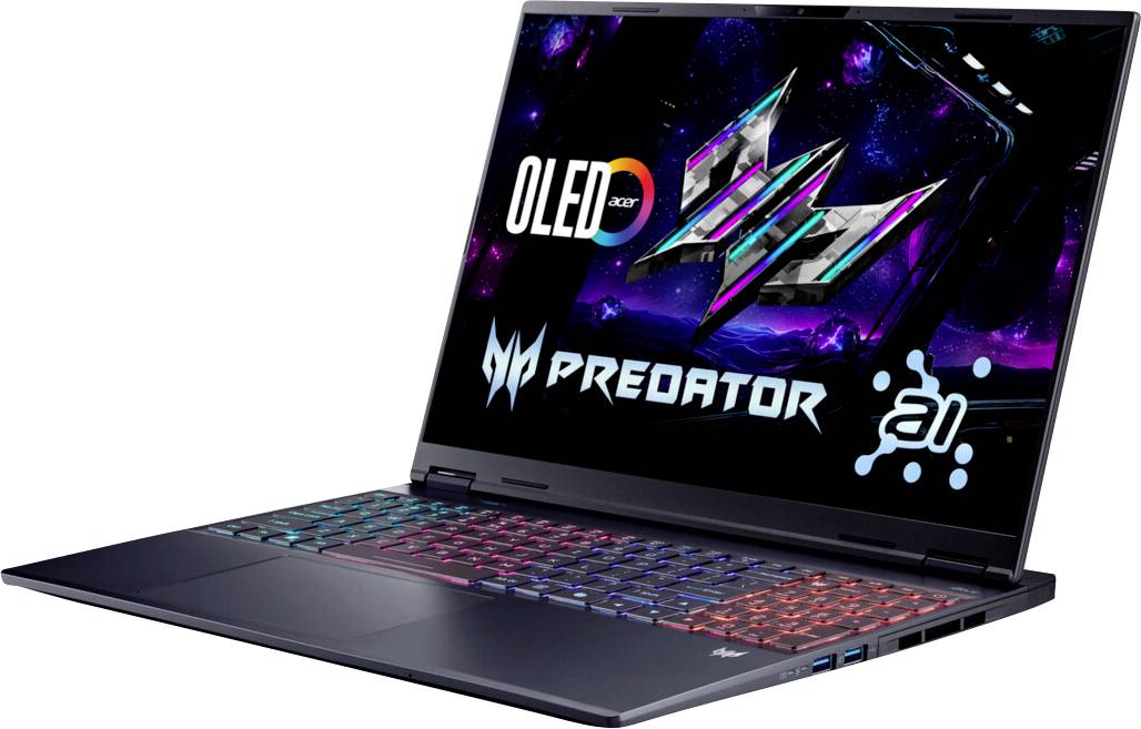 Gaming-Laptop mit farbig hintergrundbeleuchteter Tastatur, auf dem Display sind 'OLED'- und 'Predator'-Logos zu sehen.