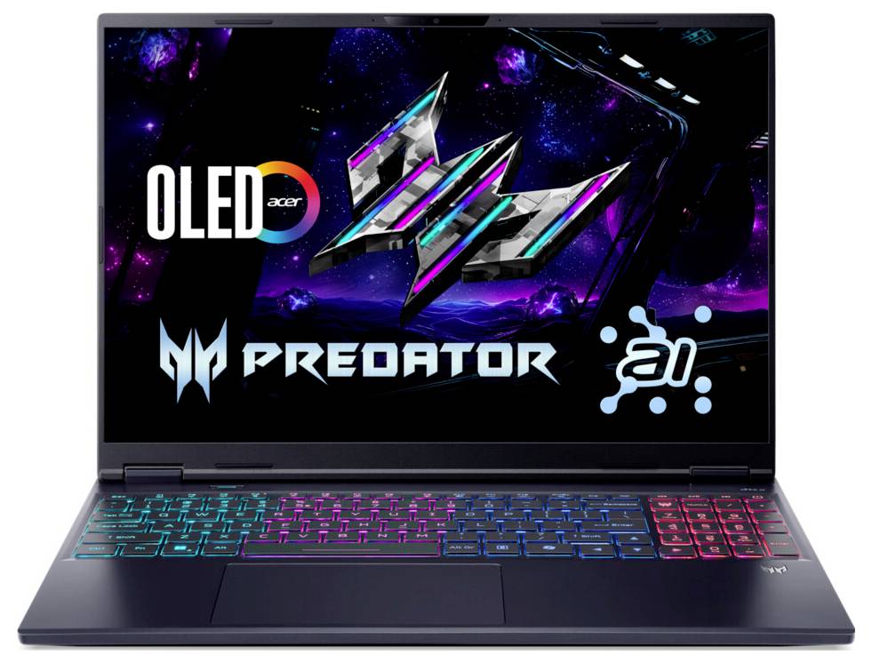 Ein Laptop mit einer bunten beleuchteten Tastatur, auf dessen Bildschirm Logos wie ‚OLED', ‚Predator' und ein futuristisches digitales Design zu sehen sind.