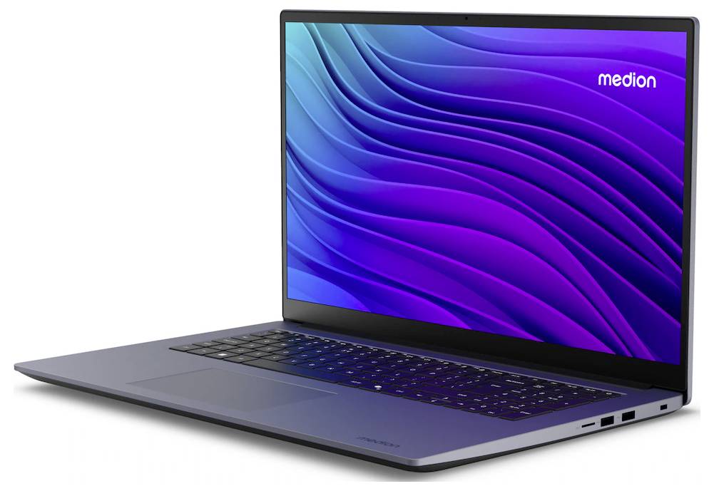 Ein schlankes Laptop mit einem lila und blauen Wellenmuster auf dem Bildschirm, auf dem in der oberen rechten Ecke das Wort 
