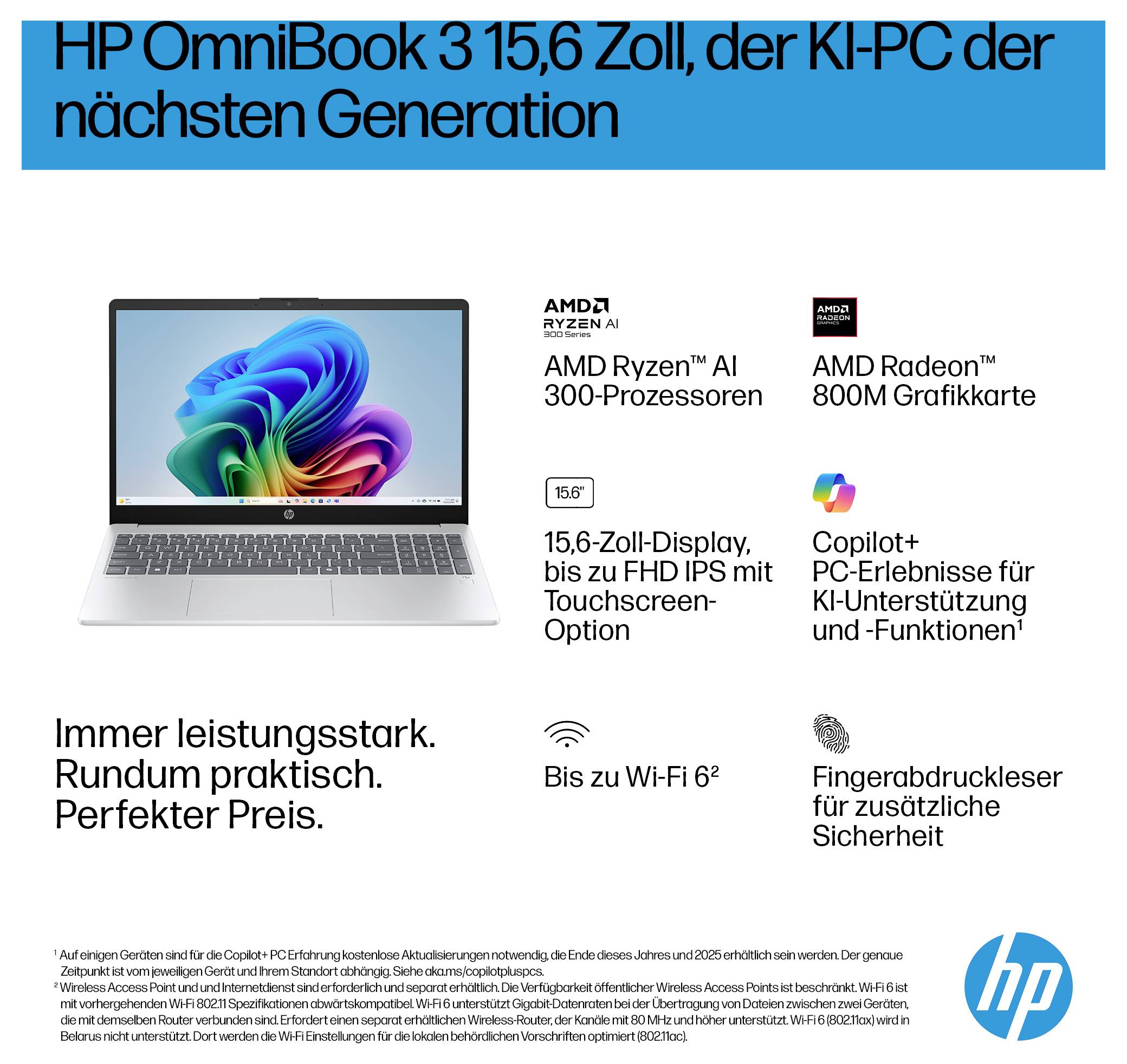 Das Bild zeigt einen Laptop mit folgenden Schlüsselmerkmalen: AMD Ryzen AI-Prozessor, AMD Radeon Grafik, 15,6